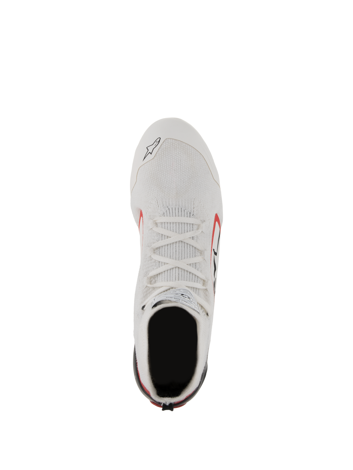 Scarpe Alpinestars Supertech, scarpe da auto racing, bianco, rosso e nero, vista dall'alto che mostra la tomaia in maglia di fibra aramidica, lacci bianchi e bloccaggio del tallone in fibra di carbonio, calzature professionali per motorsport
