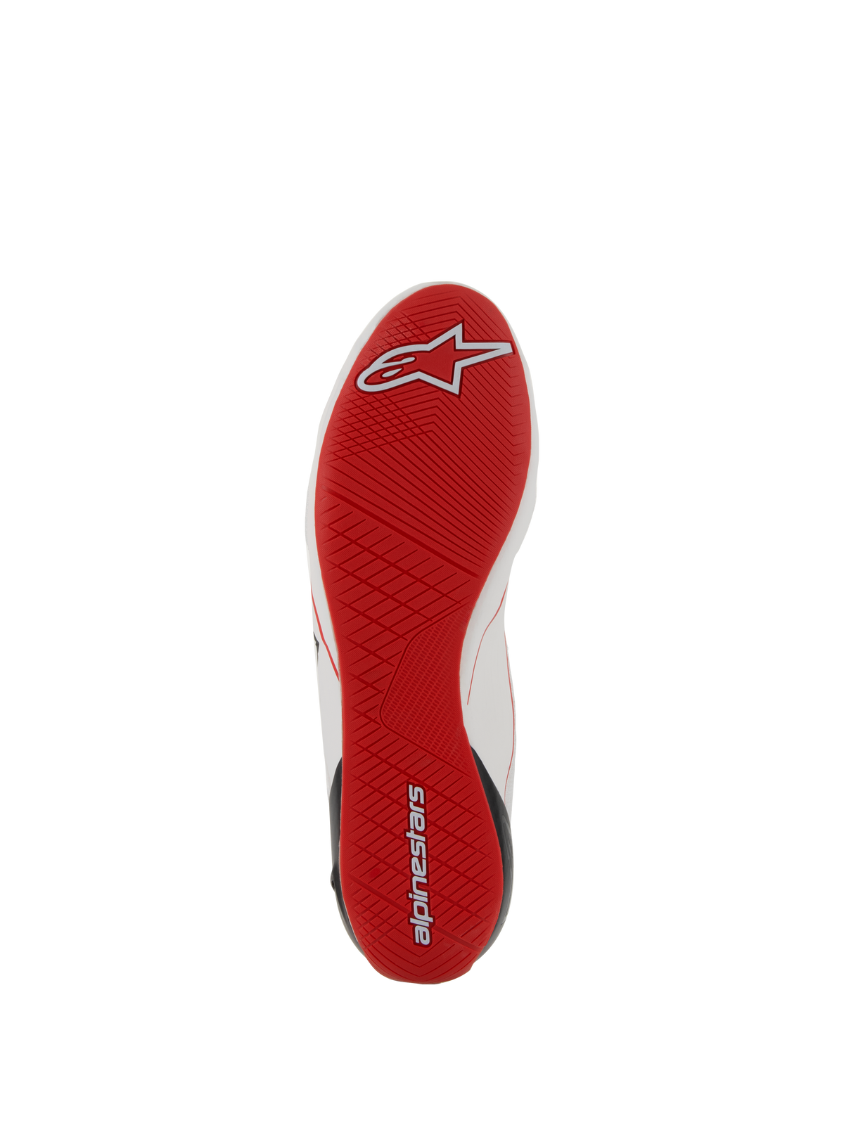 Scarpe Alpinestars Supertech, calzature per corse automobilistiche, vista della suola rossa, suola in gomma ultra-sottile con battistrada asimmetrico, dettagli del logo in bianco e rosso, calzature da corsa professionali per un'ottima sensibilità sui pedali.