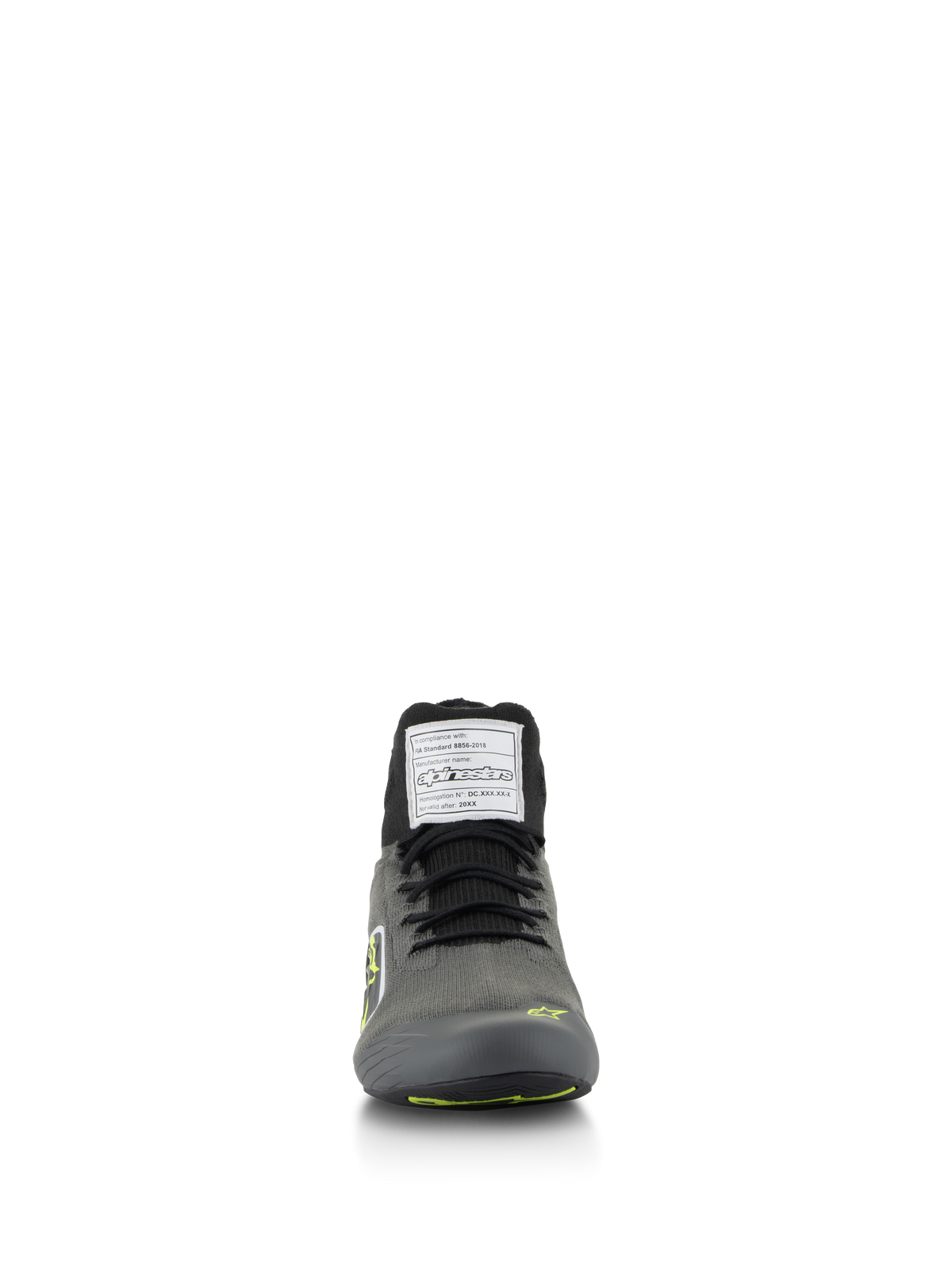 Scarpe Alpinestars Supertech, scarpe da corsa per auto, grigio con nero e giallo fluo, vista frontale con tomaia in maglia ed etichetta di certificazione FIA sulla linguetta