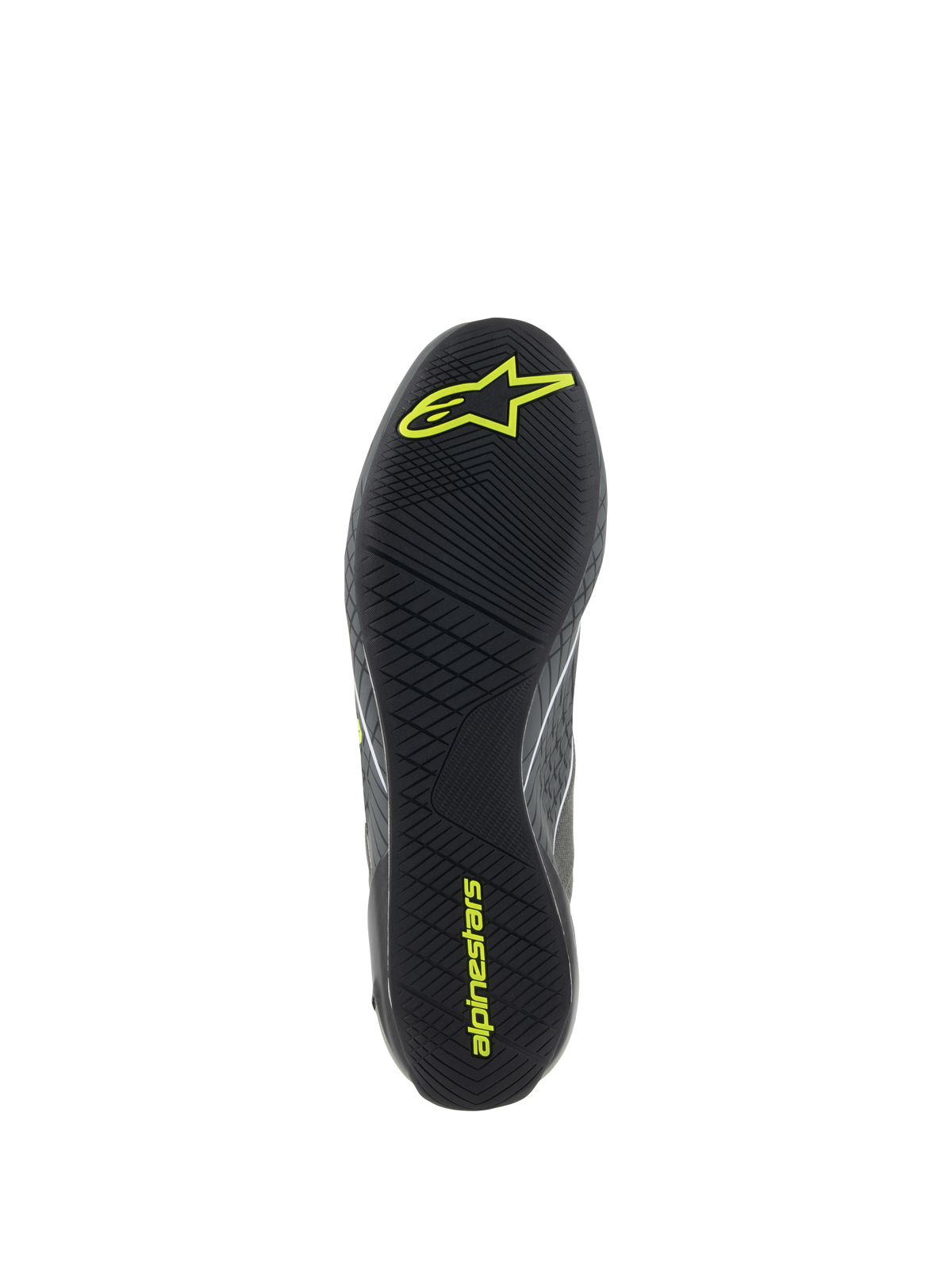 Scarpe Alpinestars Supertech, calzature per corse automobilistiche, Cool Gray e Giallo Fluo, vista dettagliata della suola in gomma nera con battistrada asimmetrico testurizzato e loghi Alpinestars gialli per grip e sensibilità sui pedali.