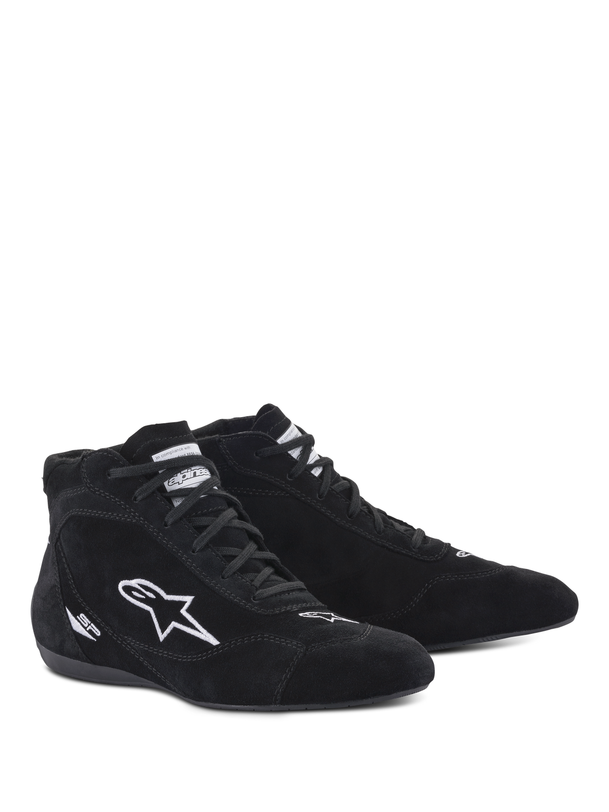 Scarpe Alpinestars SP V2, scarpe da corsa auto, nero, design alto in camoscio con logo a stella ricamato bianco e marchio SP, suola sottile specifica per F1 per una sensibilità precisa sui pedali, calzature professionali per motorsport