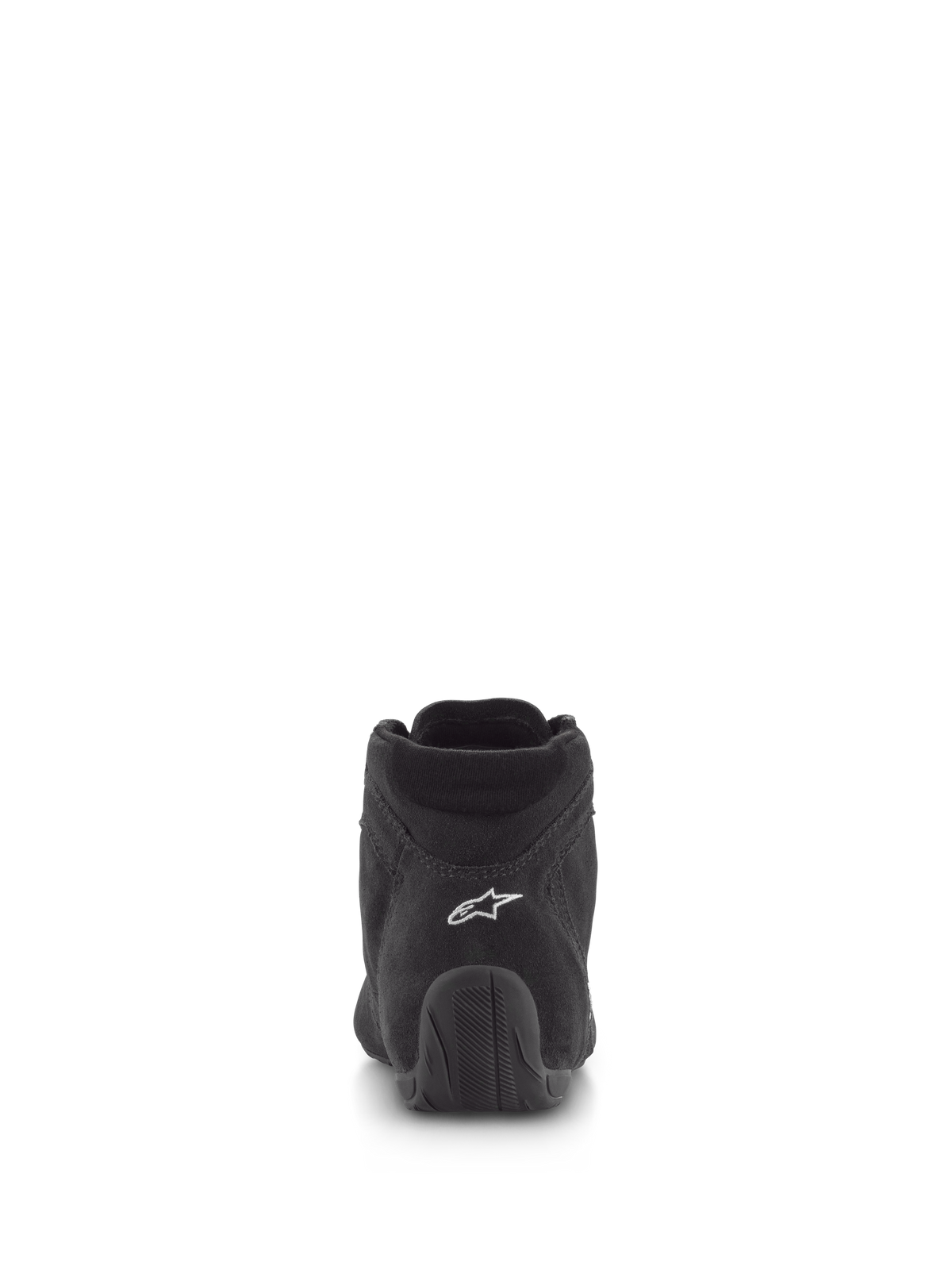 Scarpe Alpinestars SP V2, scarpe da corsa, nero, vista posteriore con tomaia in camoscio premium, logo bianco sul tallone e suola in gomma testurizzata, calzature professionali per motorsport