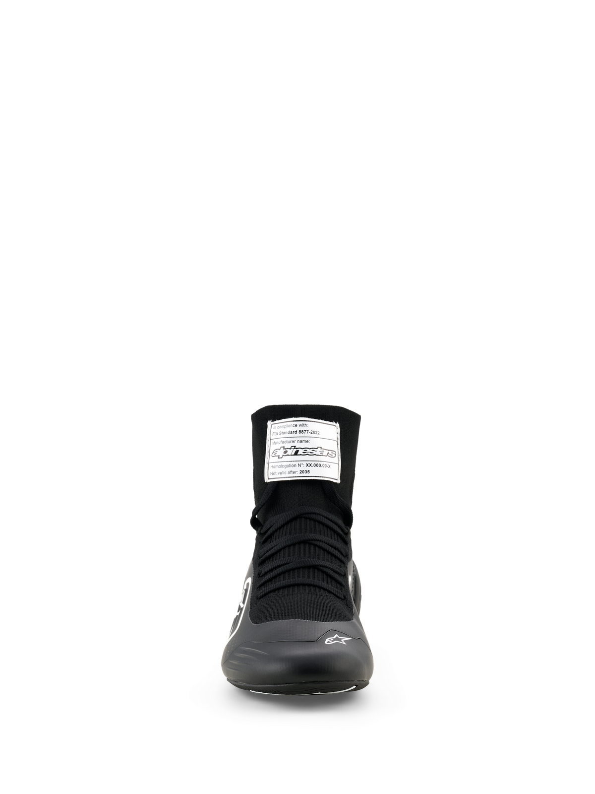 Alpinestars Supertech K Shoes - FIA, scarpe da karting, nero e bianco, vista frontale con tomaia in maglia a taglio alto, lacci neri ed etichetta di omologazione FIA sulla linguetta.