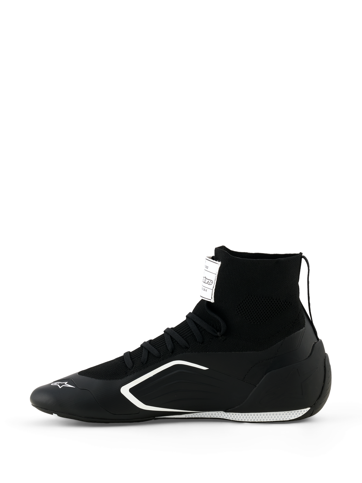 Scarpe Alpinestars Supertech K - FIA, scarpe da karting, nero e bianco, vista di profilo, con costruzione high-top interamente lavorata a maglia, grafiche laterali angolari bianche e logo bianco sulla punta, calzature tecniche da corsa