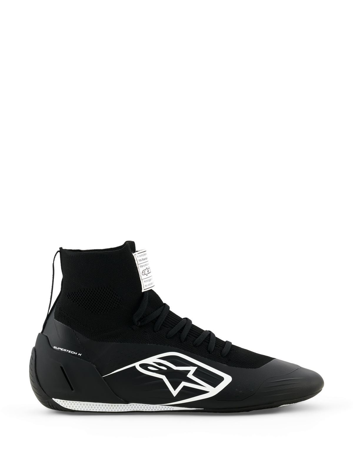 Alpinestars Supertech K Shoes FIA, scarpe da karting nere, design alto in maglia con logo bianco, colletto a calzino, suola bianca testurizzata, certificazione FIA