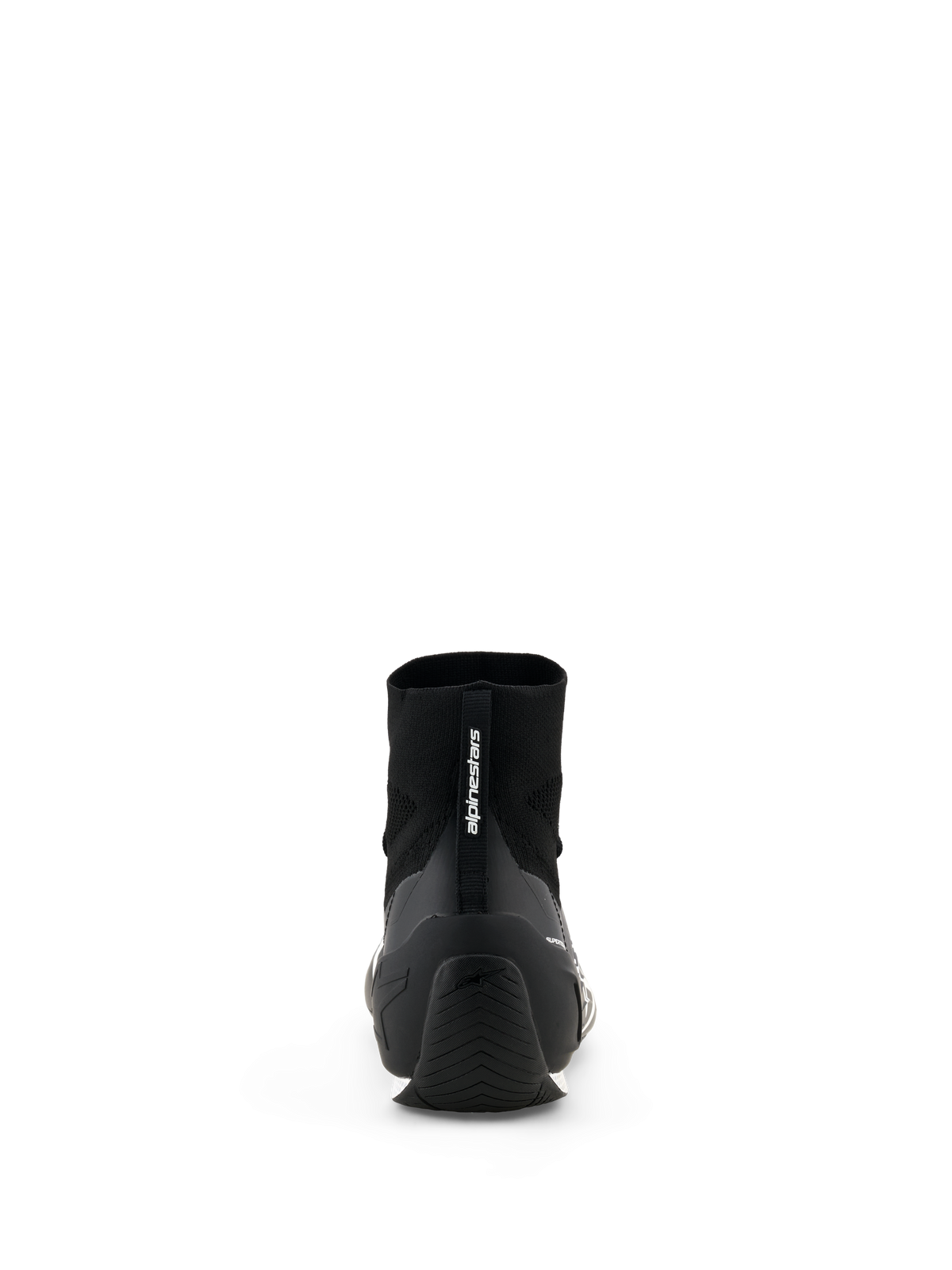 Alpinestars Supertech K Shoes - FIA, scarpe da karting, nero, vista posteriore che mostra la tomaia in maglia e il contrafforte del tallone in TPU, logo Alpinestars sulla linguetta posteriore, calzature professionali da motorsport