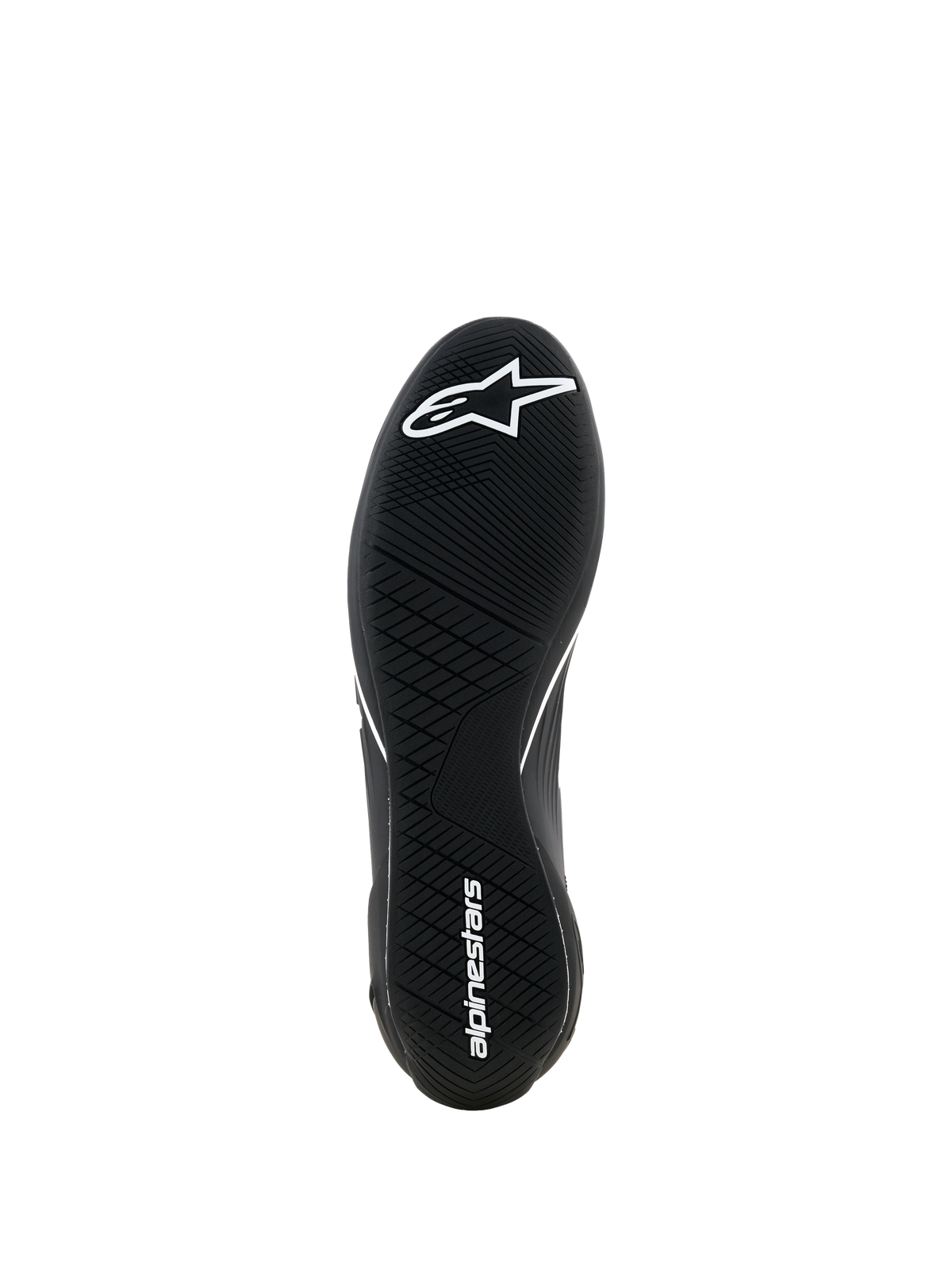 Scarpe Alpinestars Supertech K - FIA, scarpe da karting, nero, vista dal basso che mostra la suola in gomma ultra-sottile con battistrada asimmetrico, logo a stella bianco sull'avampiede e nome del brand bianco sul tallone, progettate per la massima sensibilità sui pedali.
