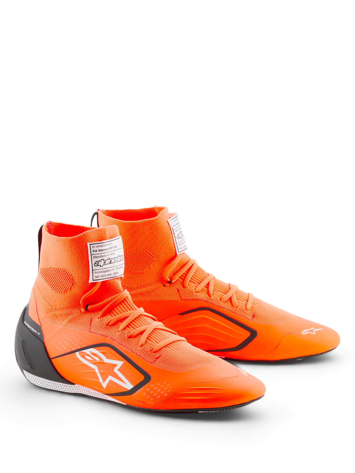 Alpinestars Supertech K Shoes - FIA, scarpe da karting, arancione fluo, nero e bianco, con tomaia in maglia high-top, contrafforte del tallone in TPU nero, logo Alpinestars bianco ed etichetta di certificazione FIA sulla linguetta