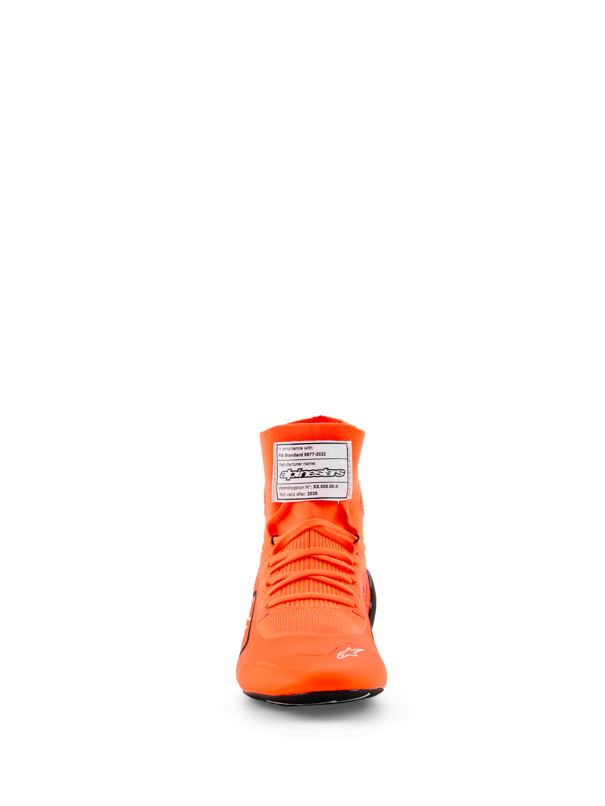 Alpinestars Supertech K Shoes - FIA, scarpe da karting, arancione fluo, vista frontale con tomaia in maglia e lacci arancioni abbinati, etichetta di certificazione FIA bianca sulla linguetta e piccolo logo a stella bianco sulla punta