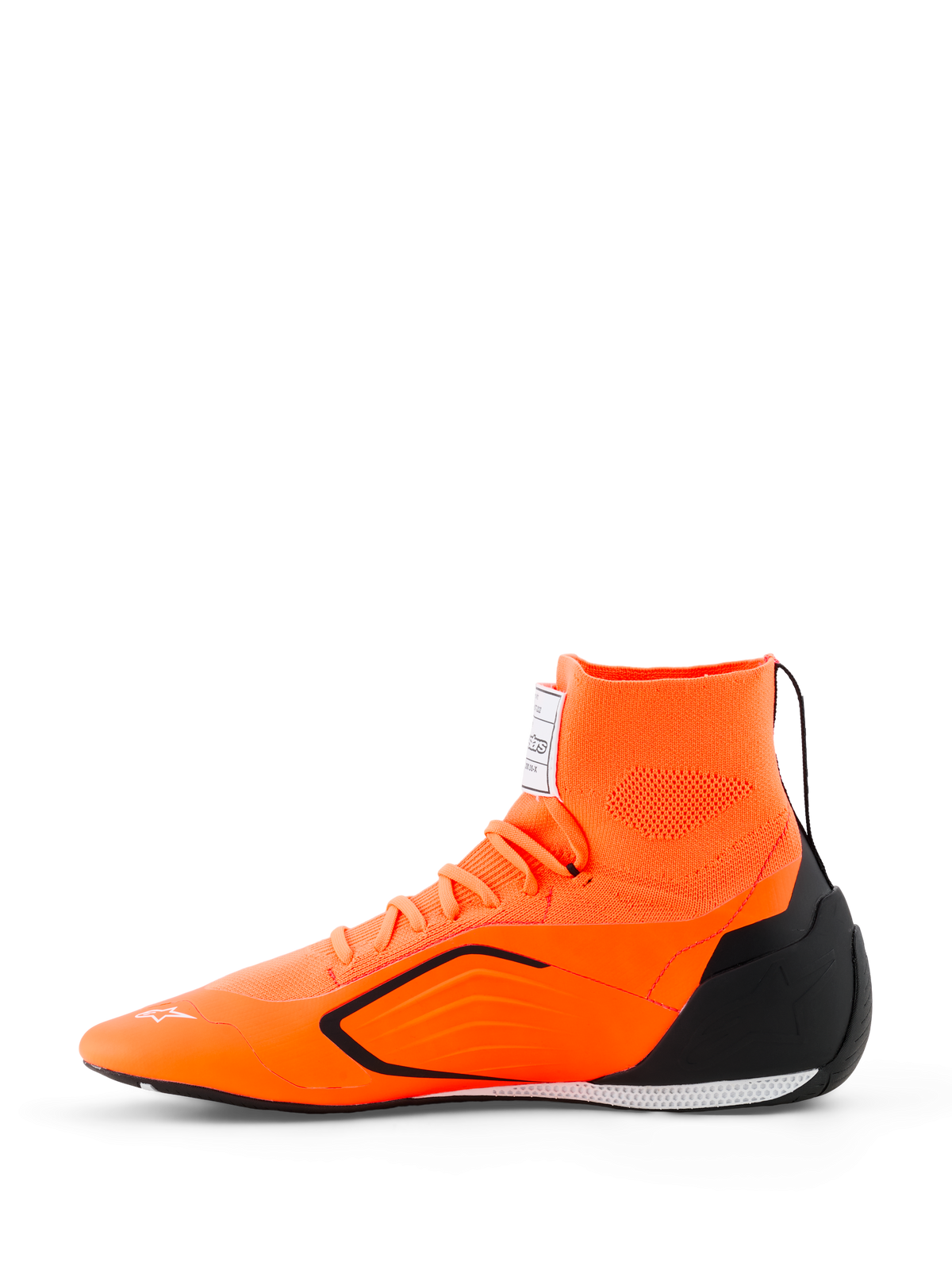 Alpinestars Supertech K Shoes - FIA, scarpe da karting, arancione fluo, nero e bianco, vista laterale con tomaia in maglia senza cuciture, colletto integrato, contrafforte del tallone in TPU nero e suola performante ultra-sottile.