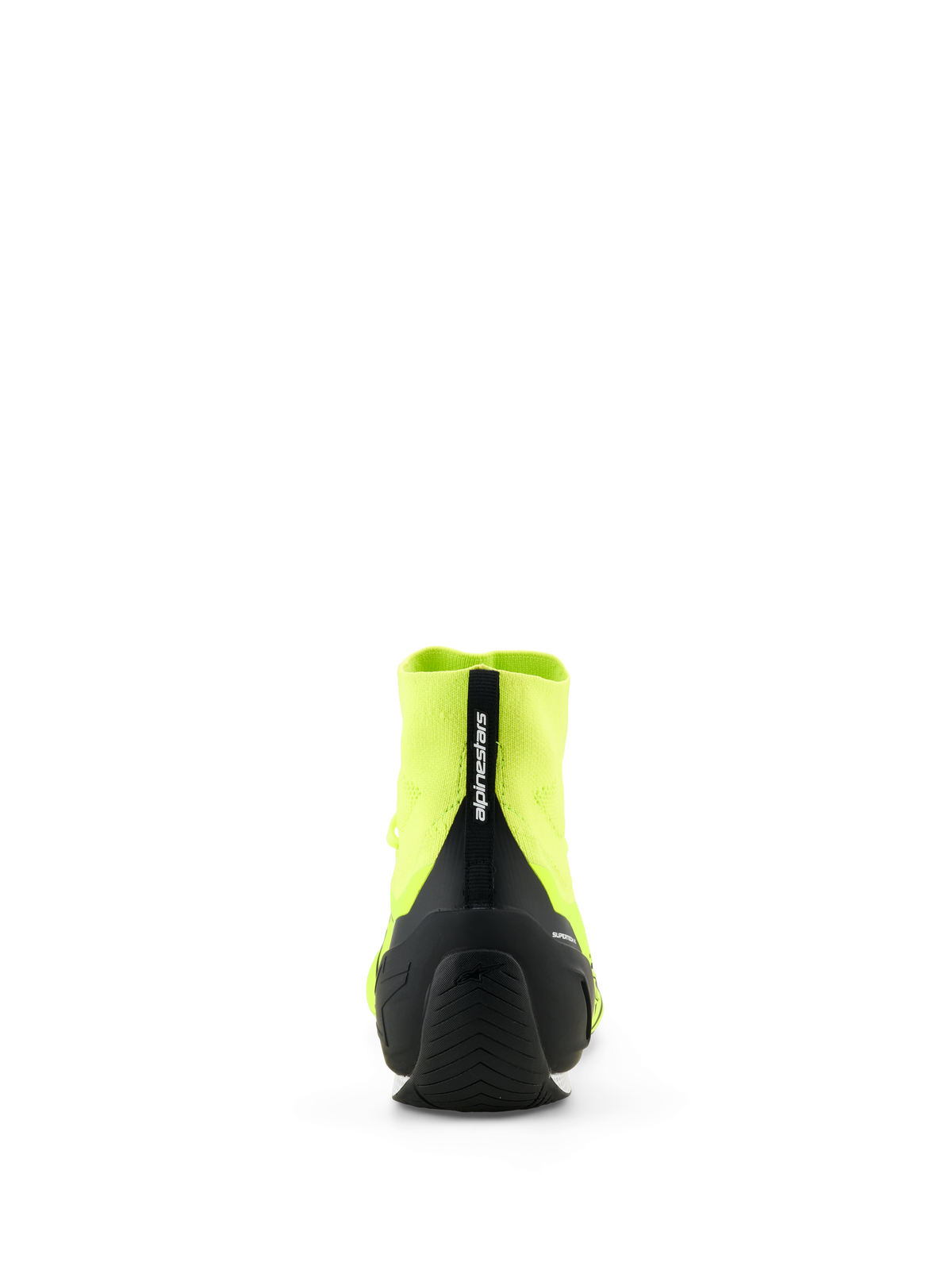 Alpinestars Supertech K Shoes - FIA, scarpe da karting, giallo fluo e nero, vista posteriore con contrafforte del tallone in TPU iniettato nero e tirante con marchio Alpinestars, costruzione della tomaia in maglia, suola in gomma sottile progettata per prestazioni da corsa.