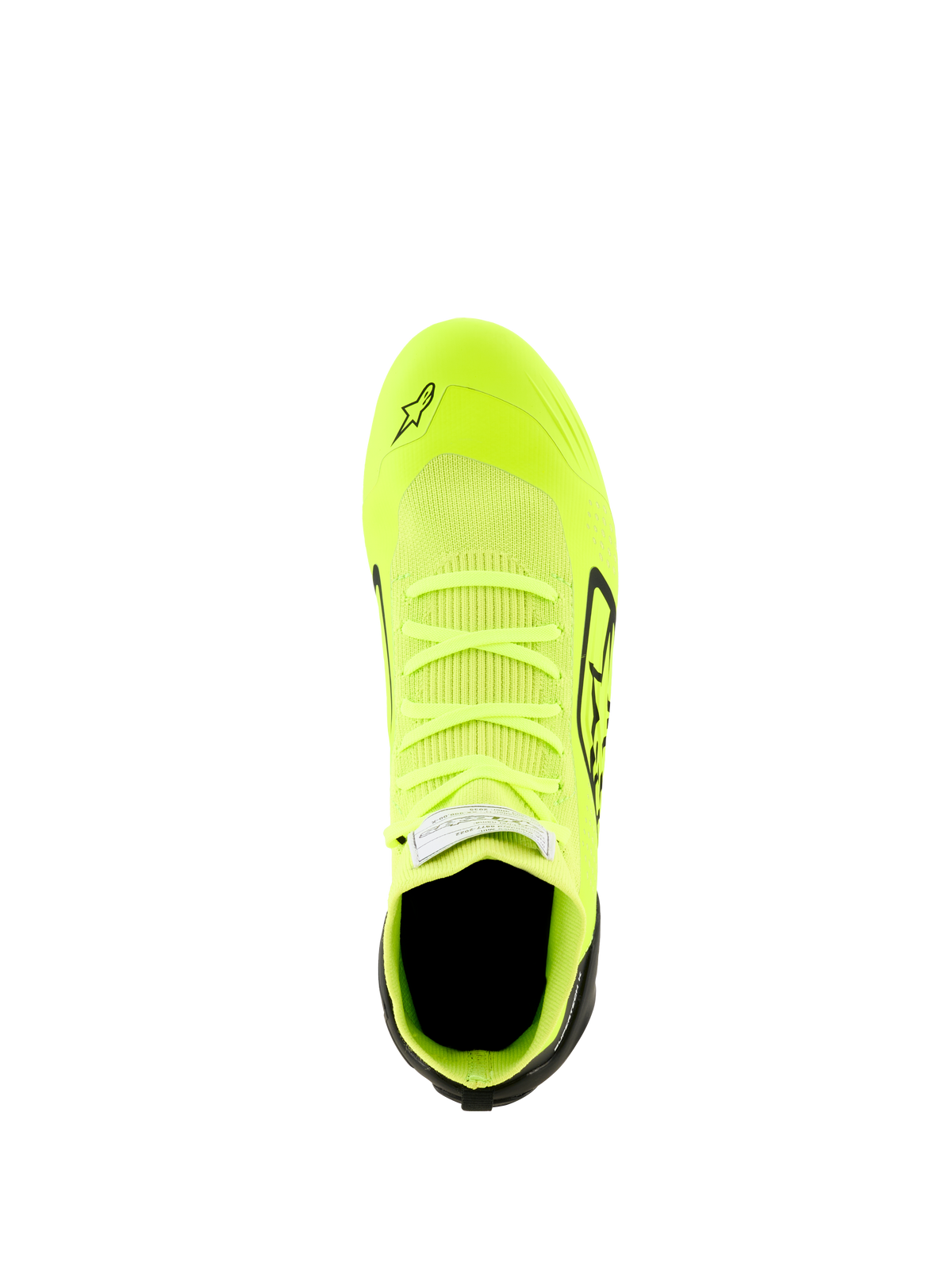 Scarpe Alpinestars Supertech K - FIA, scarpe da karting, giallo fluo, nero e bianco, vista dall'alto con tomaia interamente in maglia, corpo giallo fluorescente con dettagli neri su tallone e lati, profilo aerodinamico per una guida di precisione