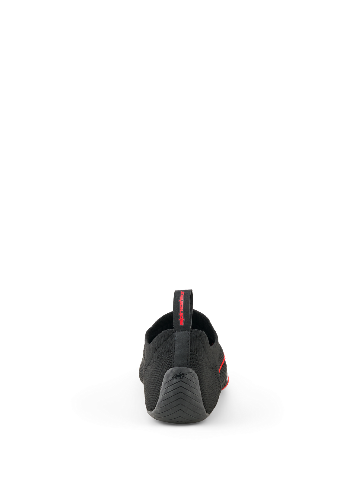 Scarpe Alpinestars Tech Gaming, nero, vista posteriore che mostra la tomaia in maglia senza cuciture, tallone in gomma testurizzata con logo a stella e linguetta posteriore con marchio rosso, calzature per SIM-racing