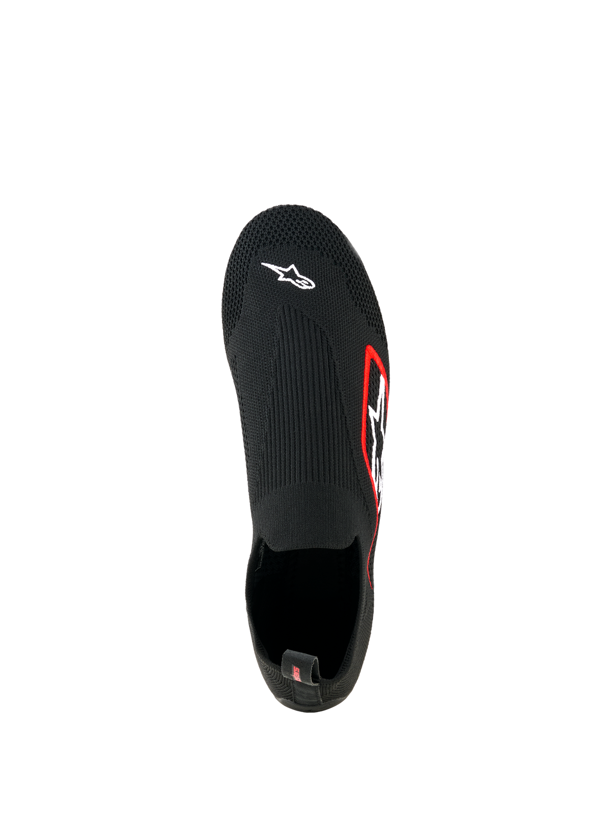 Alpinestars Tech Gaming Shoes, calzature da sim racing, nero, vista dall'alto, tomaia in maglia elasticizzata senza cuciture con logo Astar bianco sulla punta, logo con bordo rosso sul lato, design leggero simile a una calza