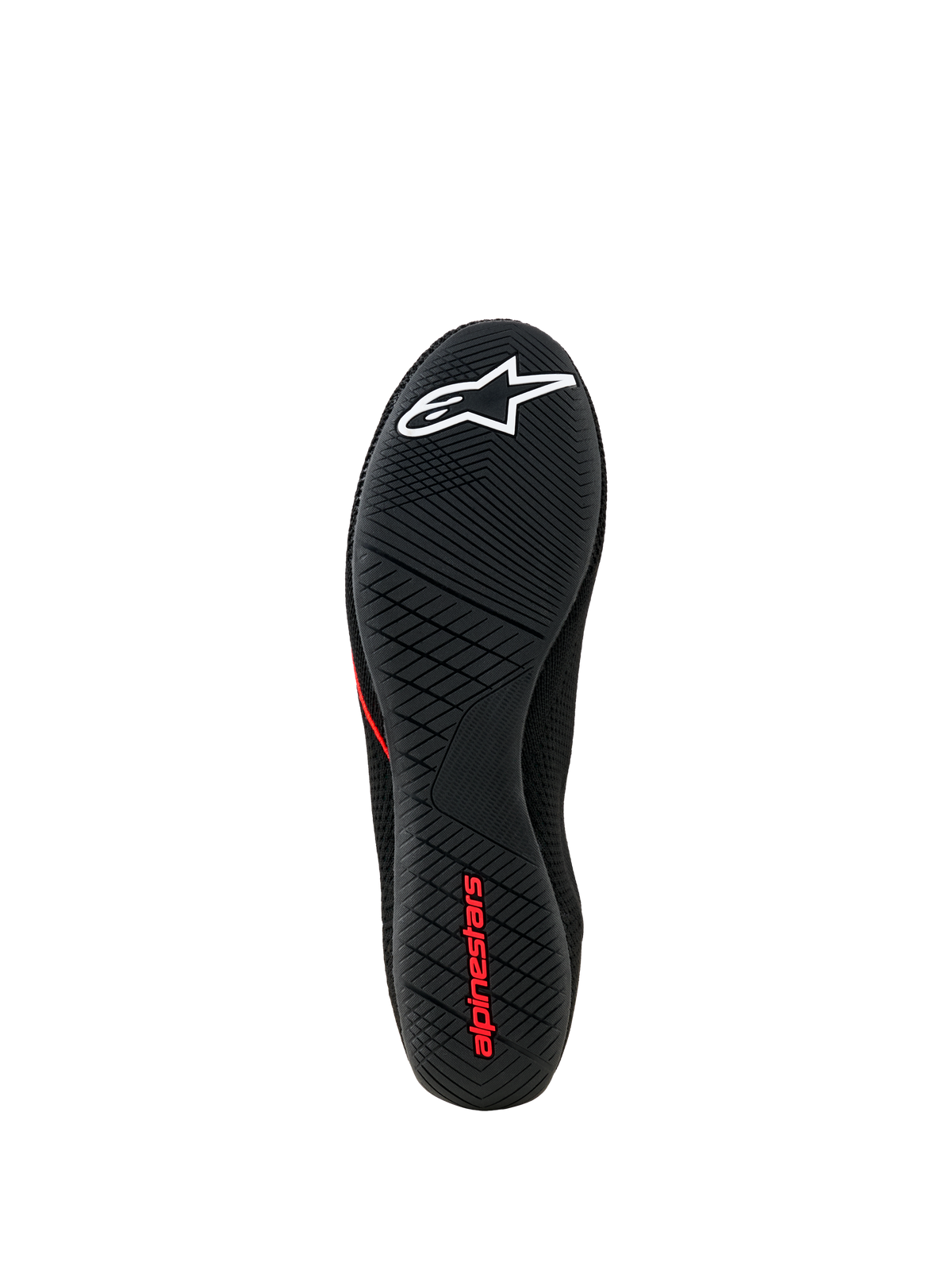 Scarpe Alpinestars Tech Gaming, vista della suola, suola in gomma ultra-sottile nera con motivo testurizzato, logo a stella bianco e marchio Alpinestars rosso, calzatura per SIM-racing