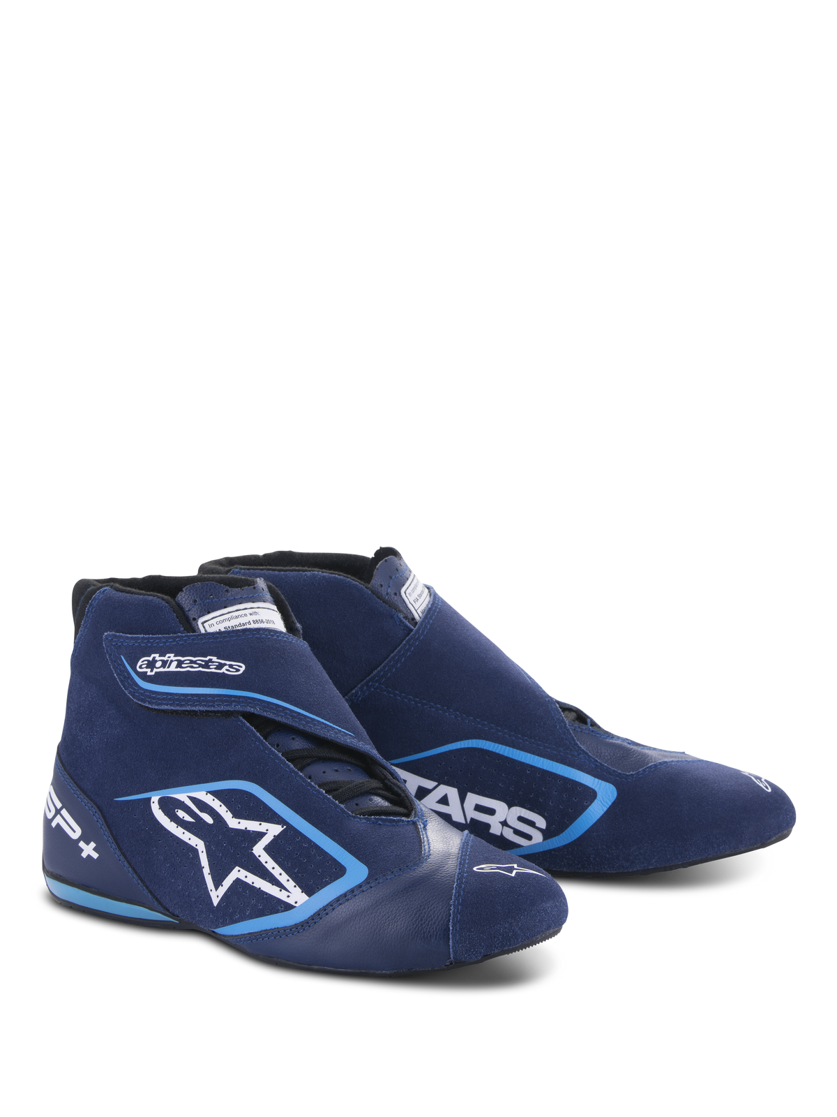 Alpinestars SP+ Shoes N, scarpe da corsa automobilistica, blu oltremare e blu chiaro, design high-top con costruzione in pelle e camoscio, grande logo a stella bianco e marchio SP+, forma aerodinamica per il motorsport professionale