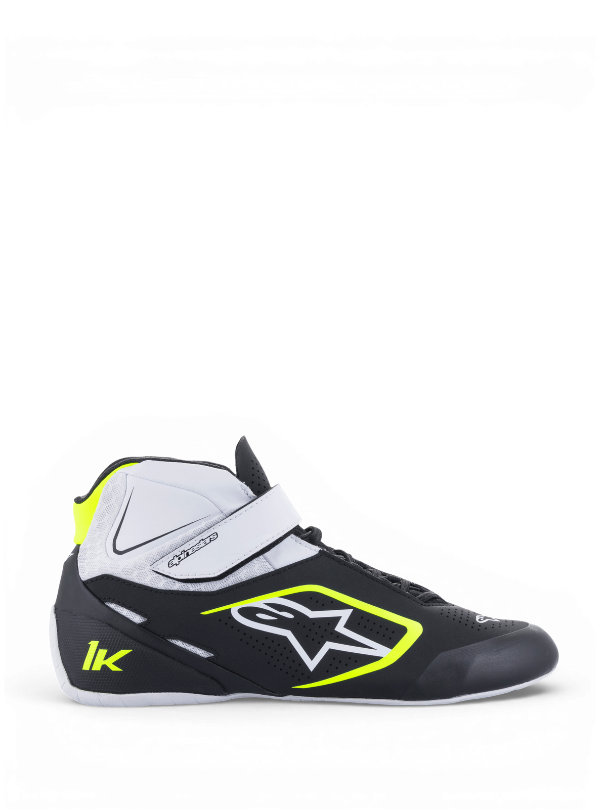 Alpinestars scarpe Tech-1 K V2, scarpe da karting per uomo, nero, bianco e giallo fluo, doppia chiusura con cinturino a strappo e lacci, costruzione in microfibra ultra-leggera, suola in gomma specifica per il karting.