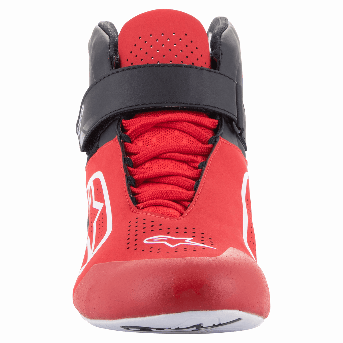 Alpinestars Tech-1 K V2 Shoes, scarpe da karting, rosso, nero e bianco, vista frontale con cinturino a strappo nero sulla caviglia e lacci rossi, tomaia rossa traforata con loghi Astars bianchi, design ergonomico per corse di kart