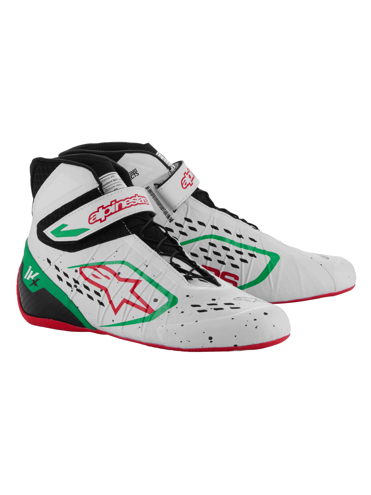 Scarpe da kart Alpinestars Tech-1 KX V3, bianco, verde e rosso, dotate di tomaia termosaldata senza cuciture con perforazioni tagliate al laser, allacciatura asimmetrica, cinturino in velcro con marchio rosso e sottile suola in gomma rossa