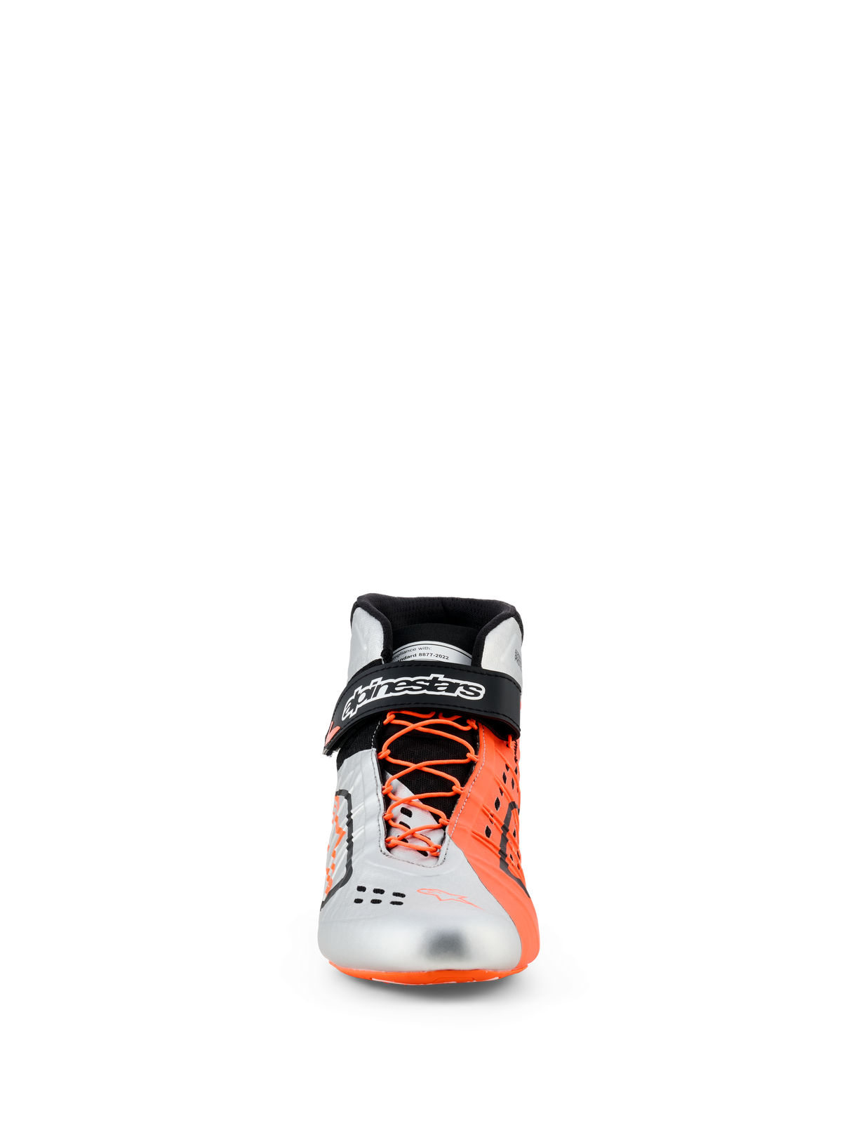 Scarpe Alpinestars Tech-1 KX V3, scarpe da karting, nero, argento e arancione fluo, vista frontale, tomaia argento e arancione fluorescente, lacci arancioni asimmetrici, cinturino alla caviglia nero con logo bianco, calzatura da corsa certificata FIA