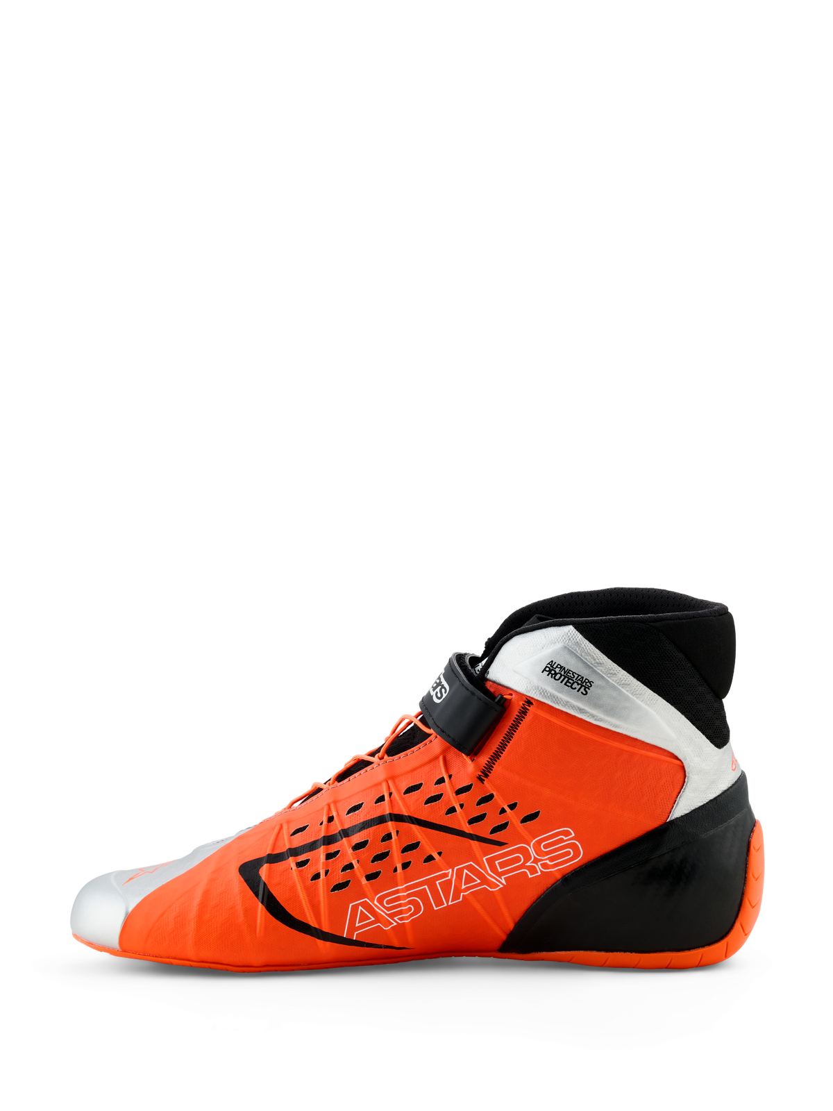 Scarpe Alpinestars Tech-1 KX V3, scarpe da karting, arancione fluo, nero e argento, vista di profilo laterale, con logo ASTARS sul lato, cinturino regolabile sulla caviglia e design aerodinamico per corse professionali