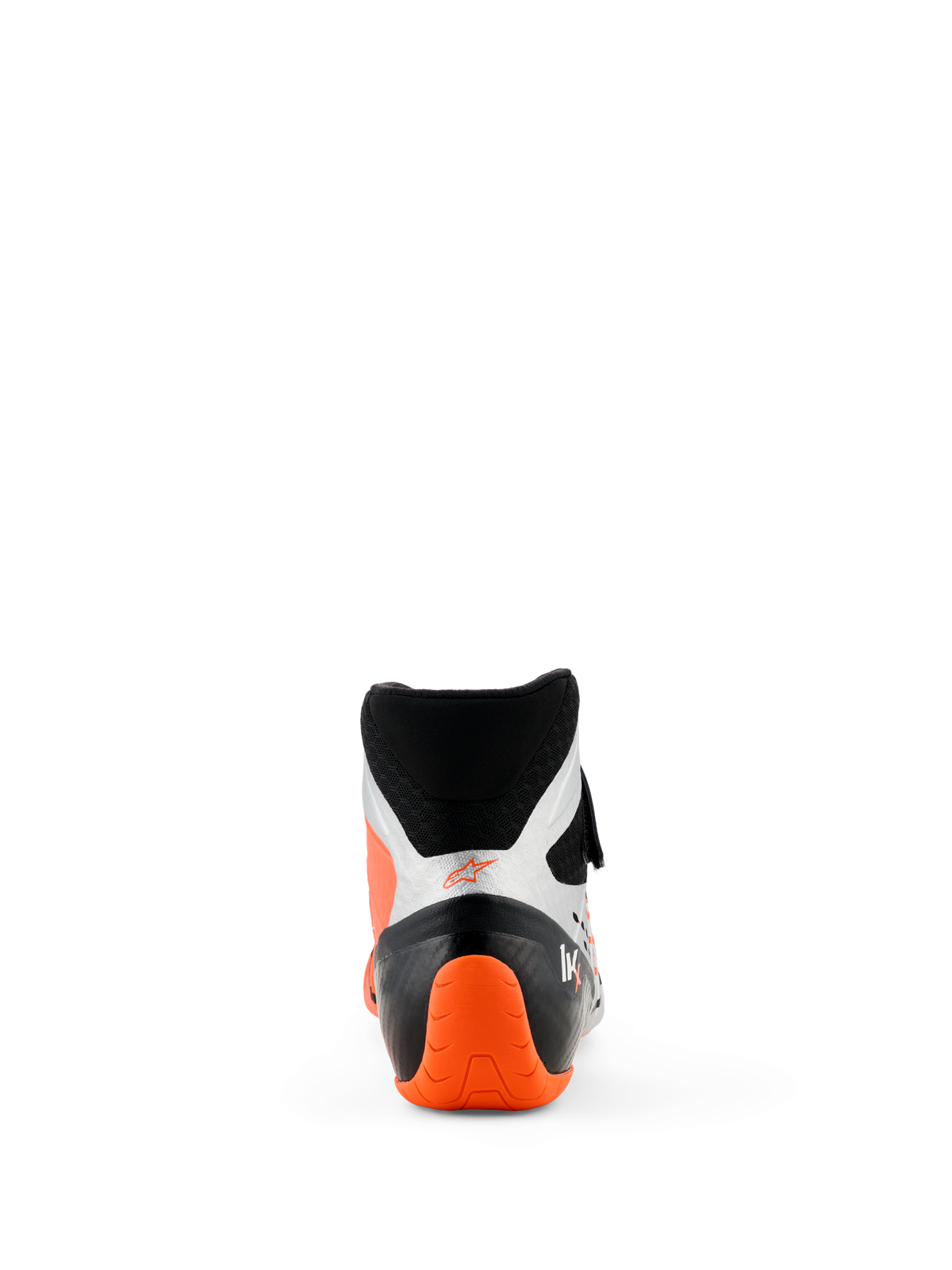 Scarpe Alpinestars Tech-1 KX V3, scarpe da karting, nero argento e arancione fluo, vista posteriore con tallone testurizzato arancione acceso e pannelli laterali argento, design a taglio alto per competizioni professionali