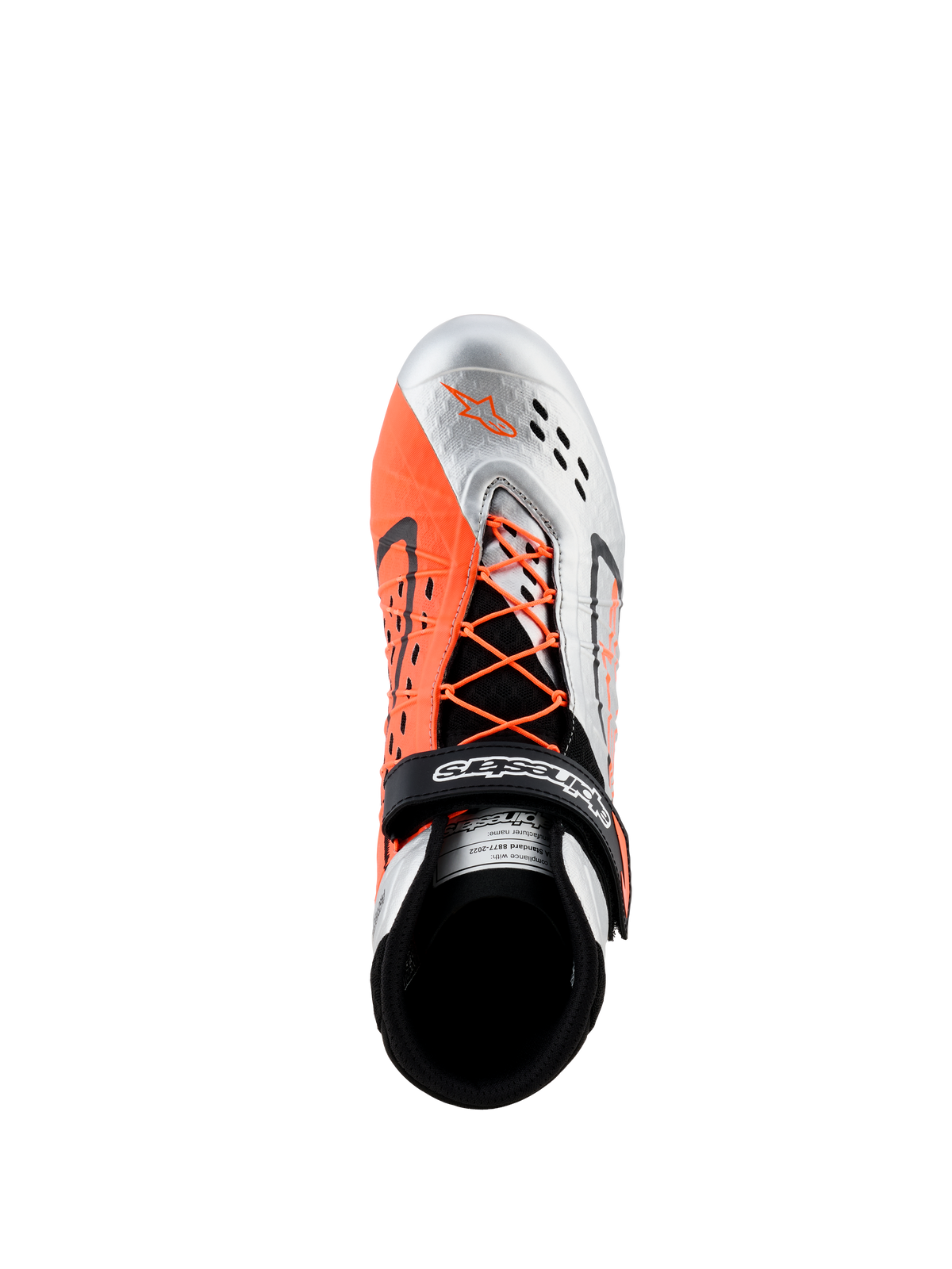 Alpinestars Tech-1 KX V3 Shoes - FIA, scarpe da karting, nero, argento e arancione fluo, vista dall'alto con allacciatura asimmetrica e lacci arancioni, cinturino in Velcro con logo e traforature laser traspiranti sulla punta argentata.