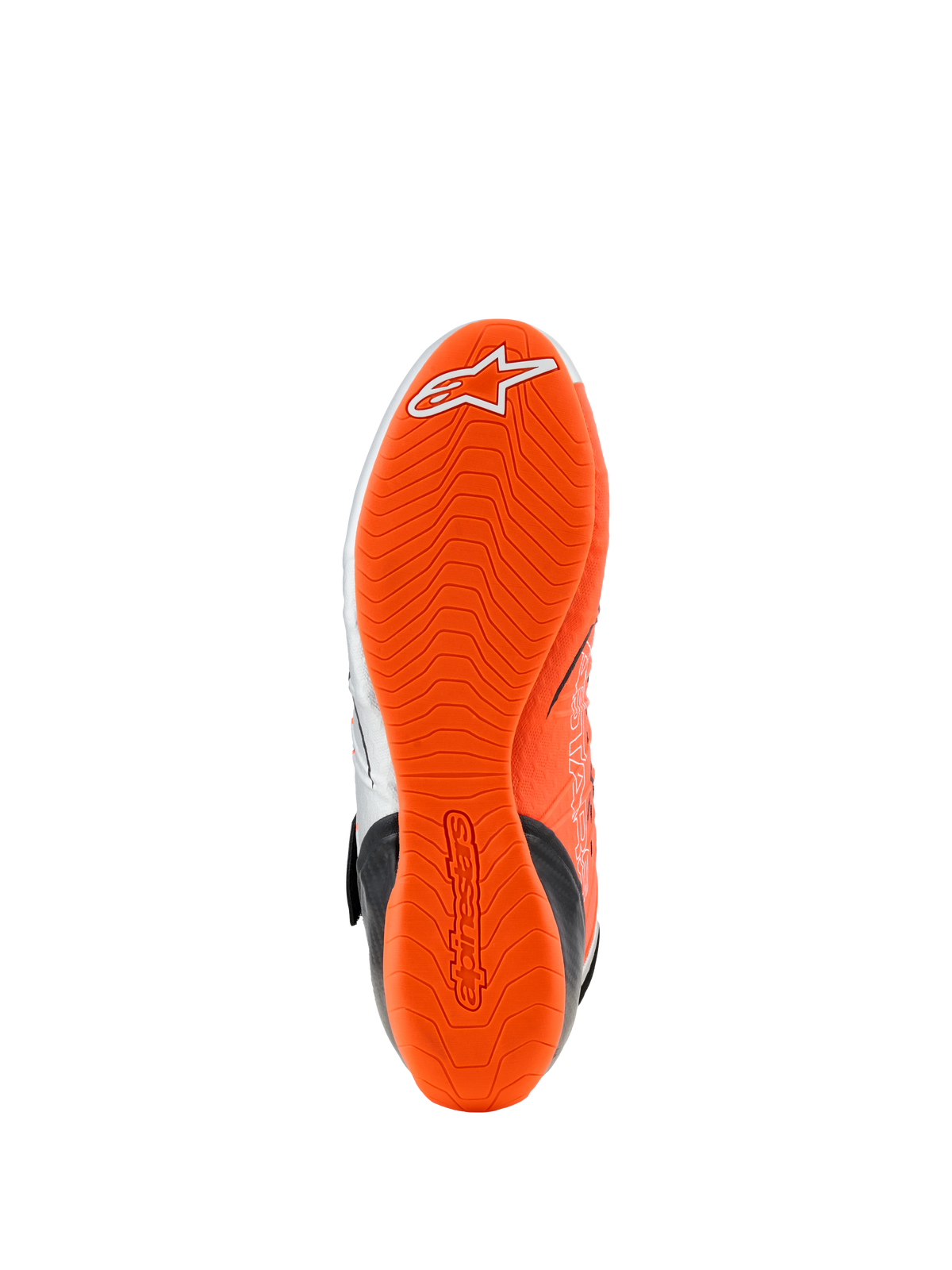 Scarpe Alpinestars Tech-1 KX V3, vista della suola, gomma arancione fluo, battistrada a trama ondulata con logo bianco e branding in rilievo, progettate per il grip e la sensibilità sui pedali nel karting