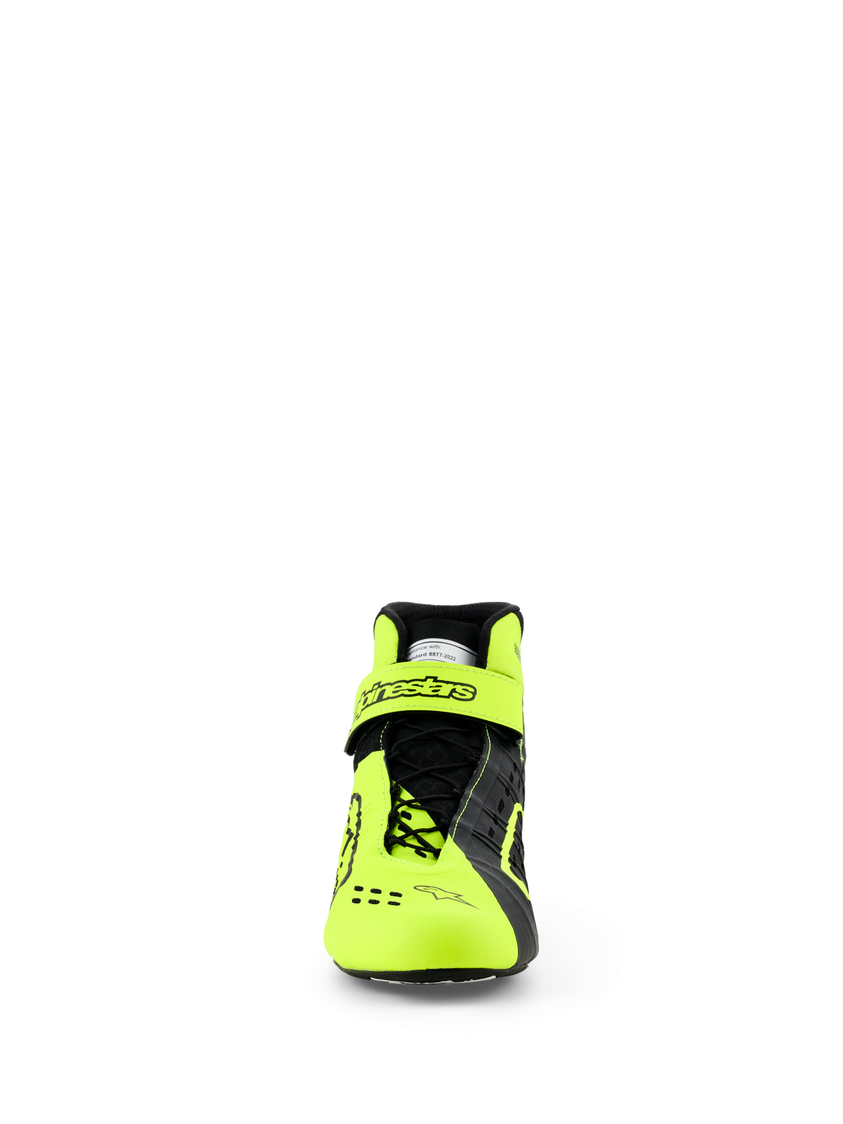Scarpe Alpinestars Tech-1 KX V3, scarpe da karting, nero e giallo fluo, vista frontale che mostra il sistema di allacciatura asimmetrico e il cinturino regolabile sulla caviglia con logo Alpinestars, design leggero per prestazioni da corsa certificate FIA
