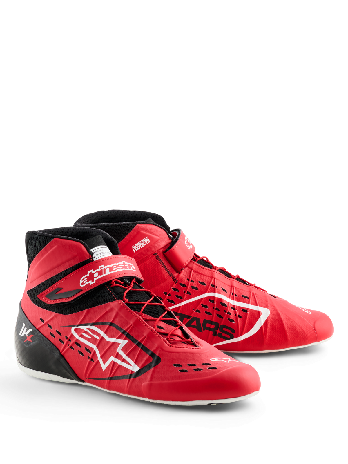 Scarpe Alpinestars Tech-1 KX V3, scarpe da karting, rosso e nero, con allacciatura asimmetrica e cinturino alla caviglia in velcro, logo Alpinestars bianco, prese d'aria tagliate al laser e costruzione leggera senza cuciture per prestazioni professionali nel motorsport