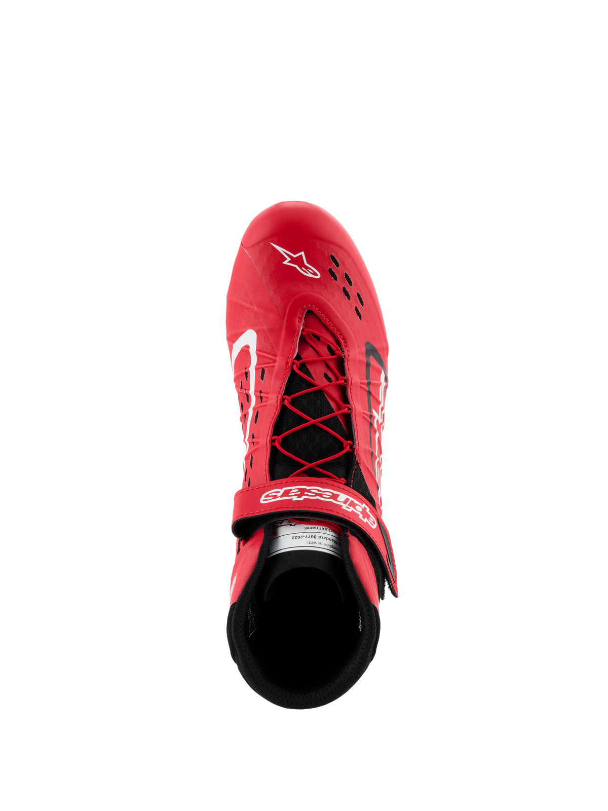 Scarpe Alpinestars Tech-1 KX V3 - FIA, scarpe da karting rosse e nere, vista dall'alto che mostra il sistema di allacciatura asimmetrico e la cinghia in velcro regolabile, tomaia traforata per la traspirabilità, calzatura da corsa leggera e performante