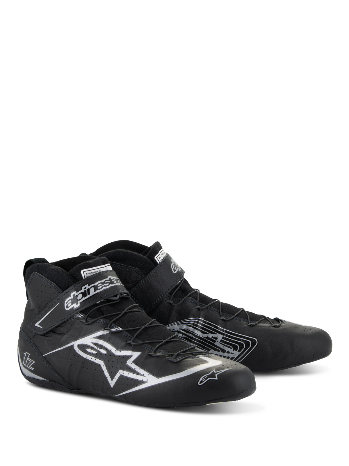 Scarpe Alpinestars Tech-1 Z V3 FIA, calzature per corse automobilistiche, nero e argento, pelle bovina premium con logo Alpinestars a stella argento, profilo basso ed elegante con allacciatura rapida e cinturino in Velcro