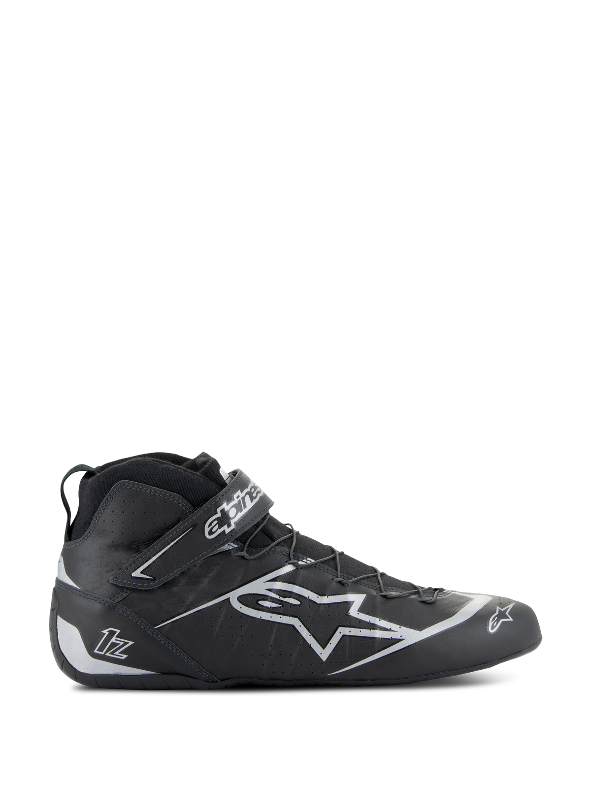 Alpinestars Tech-1 Z V3 Shoes FIA, scarpe da corsa nero argento, profilo laterale del design alto con logo a stella argento, chiusura integrata con cinturino in velcro, sistema di allacciatura rapida, pannelli in pelle traforata per la traspirabilità, calzatura professionale da motorsport certificata FIA