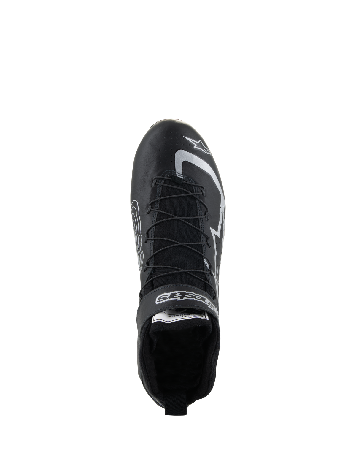 Alpinestars Tech-1 Z V3 Shoes FIA, scarpe da corsa auto, nero e argento, vista dall'alto con sistema di allacciatura rapida e marchio Alpinestars, calzature professionali da motorsport in pelle bovina