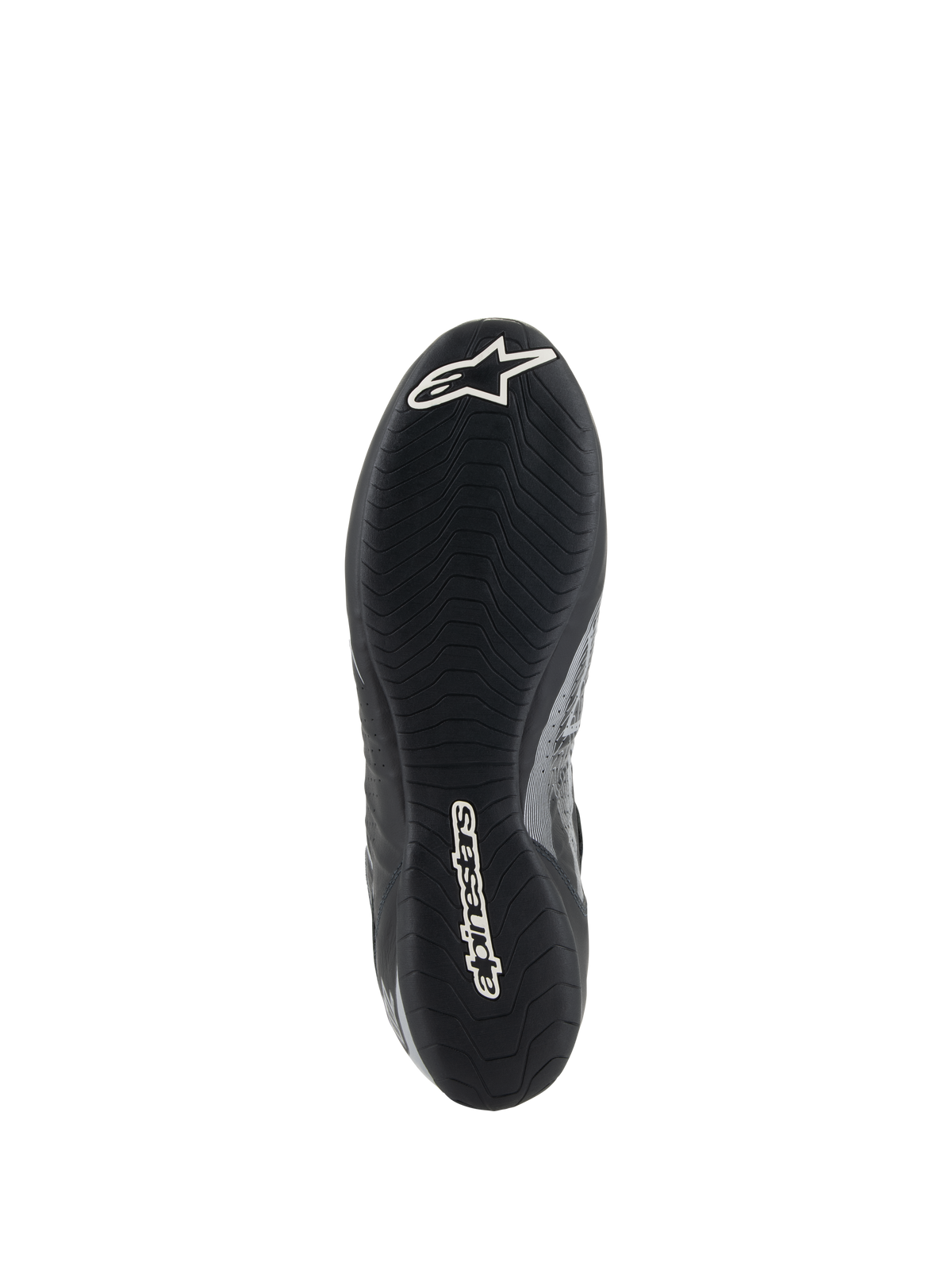 Alpinestars Tech-1 Z V3 Shoes FIA, vista della suola della scarpa da corsa Nero Argento, con suola esterna in gomma sottile derivata dalla F1 e battistrada asimmetrico, logo Astar e scritta Alpinestars bianchi