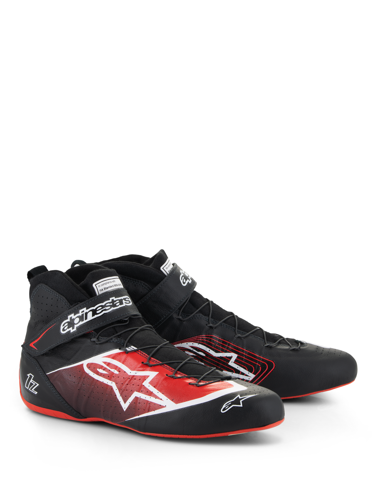 Alpinestars Tech-1 Z V3 Shoes FIA, scarpe da auto racing, nero con accenti rossi e bianchi, con un grande logo a stella bianco sul lato, suole rosse sottili e sistema di allacciatura rapida con cinturino alla caviglia