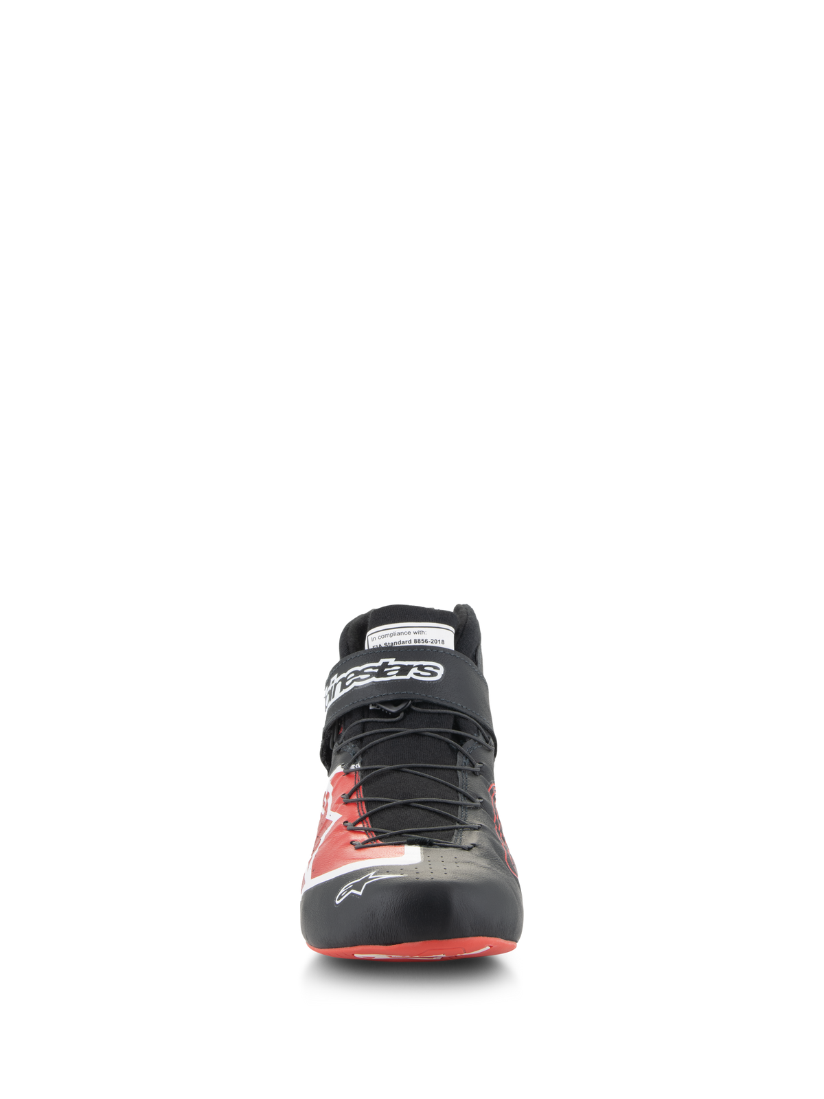 Scarpe Alpinestars Tech-1 Z V3 FIA, scarpe da auto racing, nero e rosso, vista frontale, con sistema di allacciatura rapida, cinturino in velcro alla caviglia con logo bianco e tomaia in pelle premium con accenti grafici rossi, calzatura professionale per motorsport