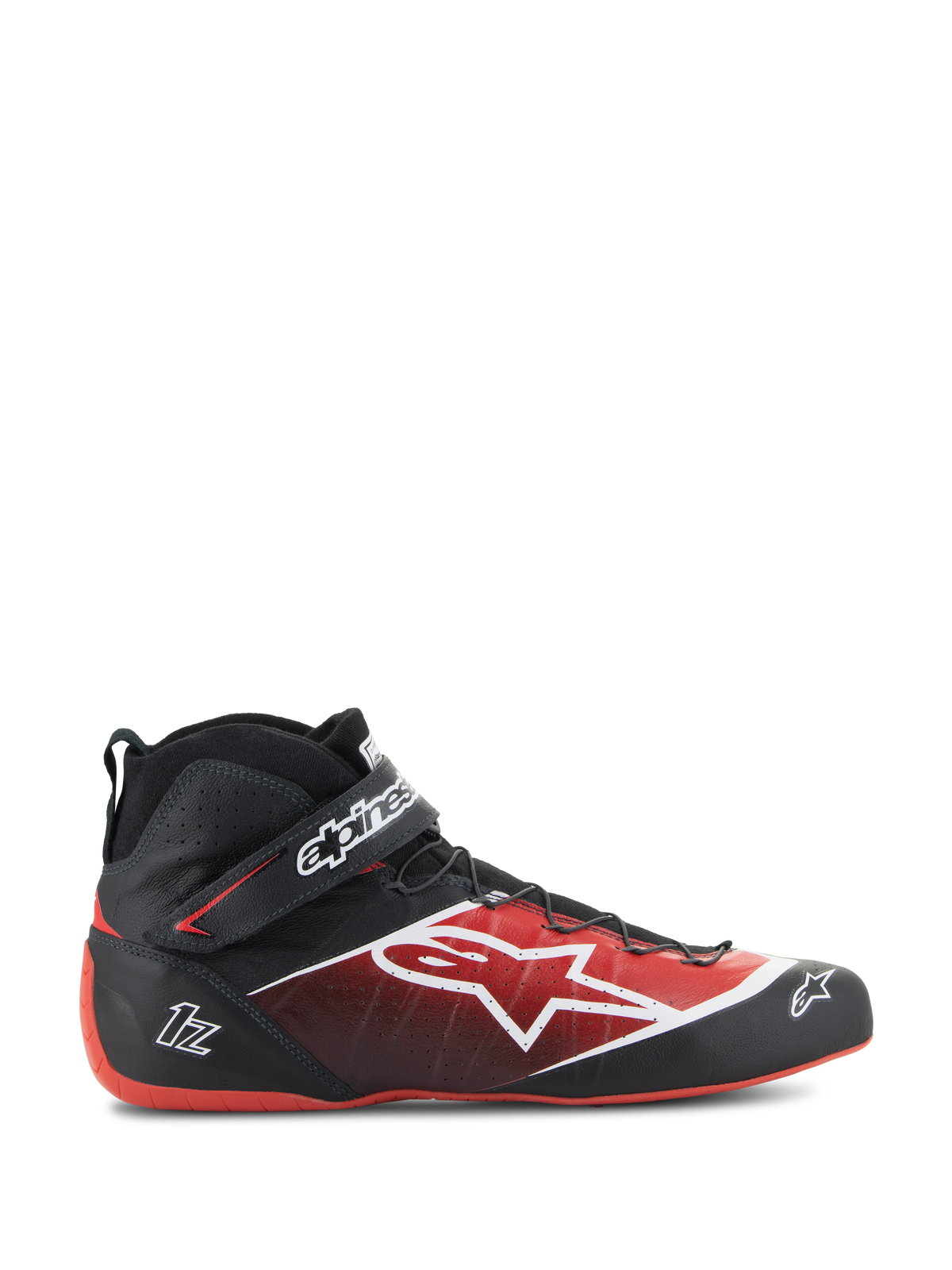 Alpinestars Tech-1 Z V3 Shoes FIA, scarpe da corsa auto, nero e rosso, design a profilo alto con logo a stella bianco, finitura lucida con perforazioni testurizzate, suola rossa curva, certificate FIA, cinturino alla caviglia con marchio, calzature da motorsport aerodinamiche