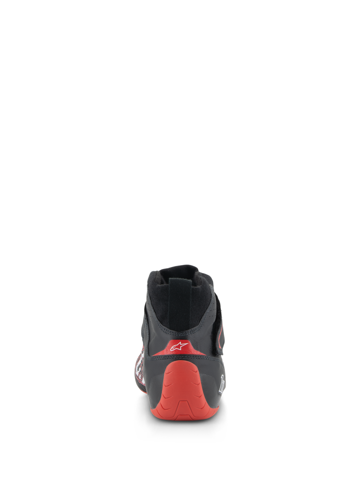 Alpinestars Tech-1 Z V3 Shoes FIA, scarpe da auto racing, nero e rosso, vista posteriore che mette in evidenza il tallone termoformato rosso con logo bianco, struttura in pelle nera, calzature professionali per motorsport