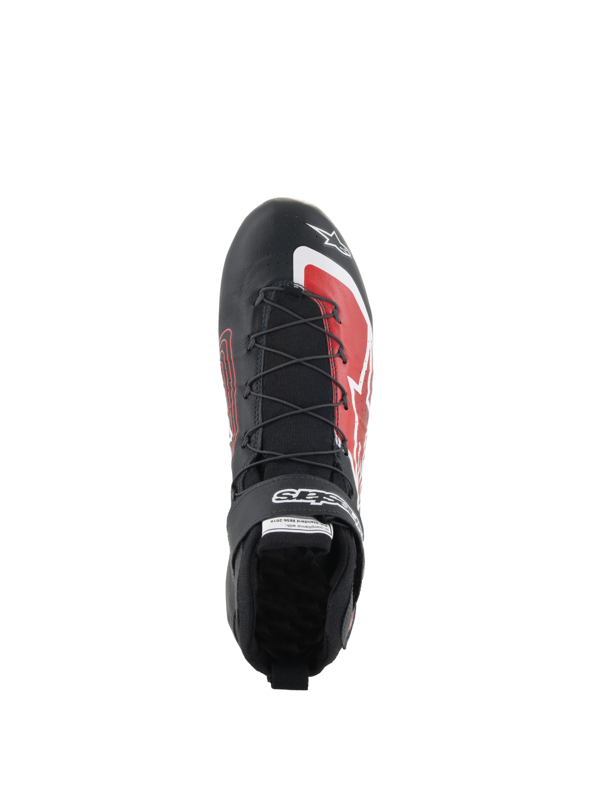 Scarpe Alpinestars Tech-1 Z V3 FIA, scarpe da corsa per auto, nero e rosso, vista dall'alto con sistema di allacciatura rapida, cinturino in velcro con marchio e accenti grafici rossi sulla punta, design elegante in pelle per prestazioni nel motorsport