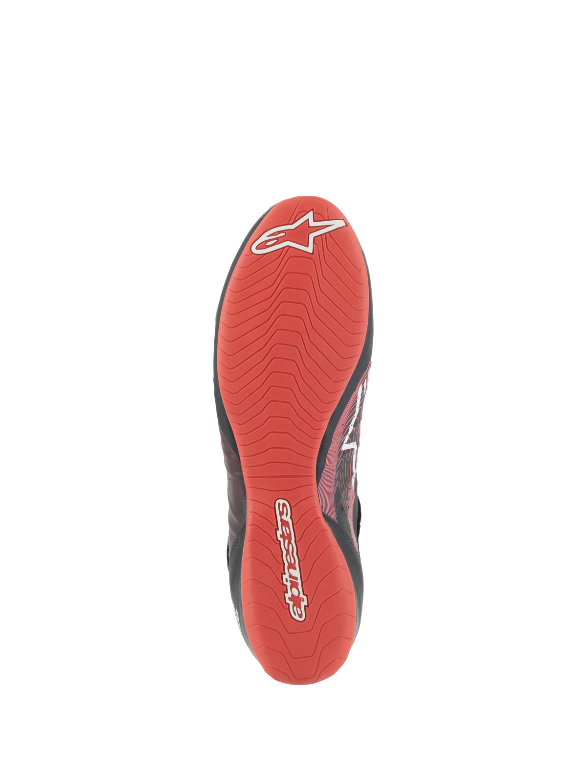 Alpinestars Tech-1 Z V3 Shoes FIA, vista inferiore della suola, gomma testurizzata rosso vivace, battistrada asimmetrico per elevata aderenza e sensibilità sui pedali, logo e scritta Alpinestars bianchi