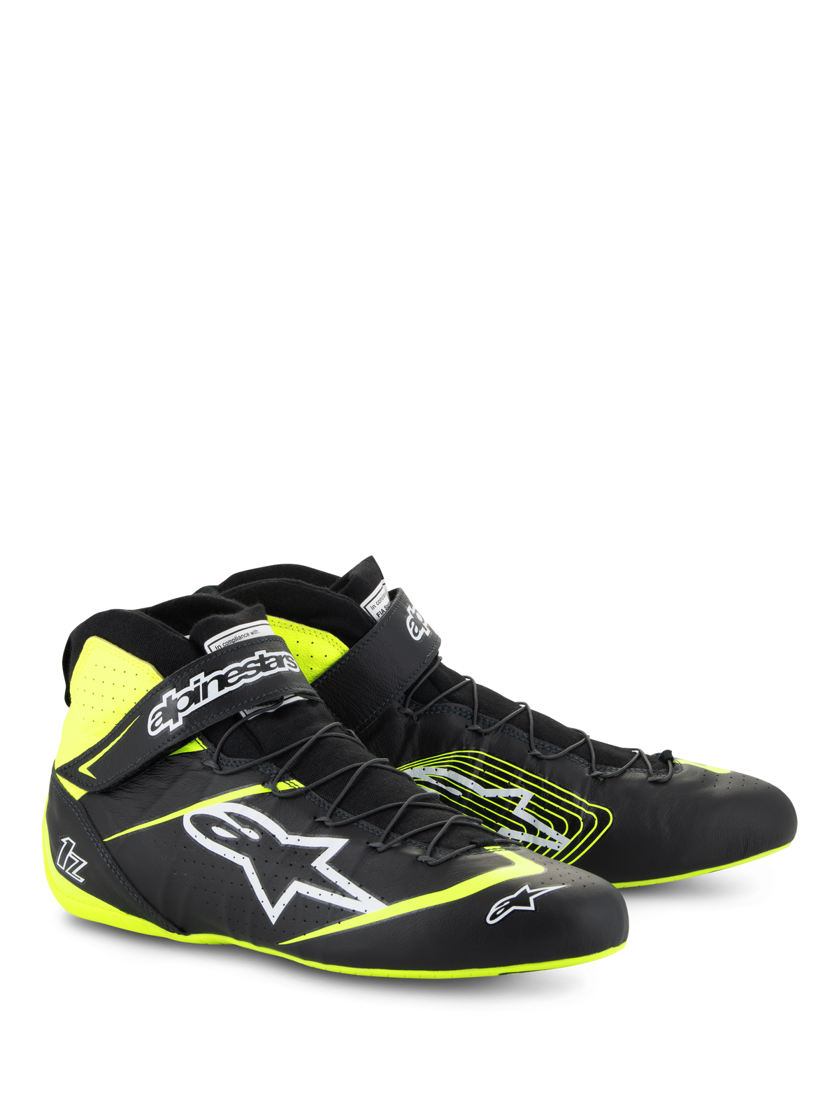 Scarpe Alpinestars Tech-1 Z V3 FIA, scarpe da auto racing, nero e giallo fluo, con logo Astars bianco, sistema di allacciatura rapida e cinturino alla caviglia, design high-top in pelle per motorsport professionale