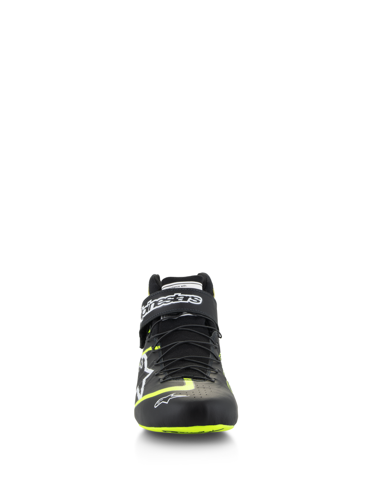 Alpinestars Scarpe Tech-1 Z V3 FIA, calzature racing, nero e giallo fluo, vista frontale, con sistema di allacciatura rapida e cinturino alla caviglia logato, accenti giallo brillante su punta e suola, struttura in pelle premium