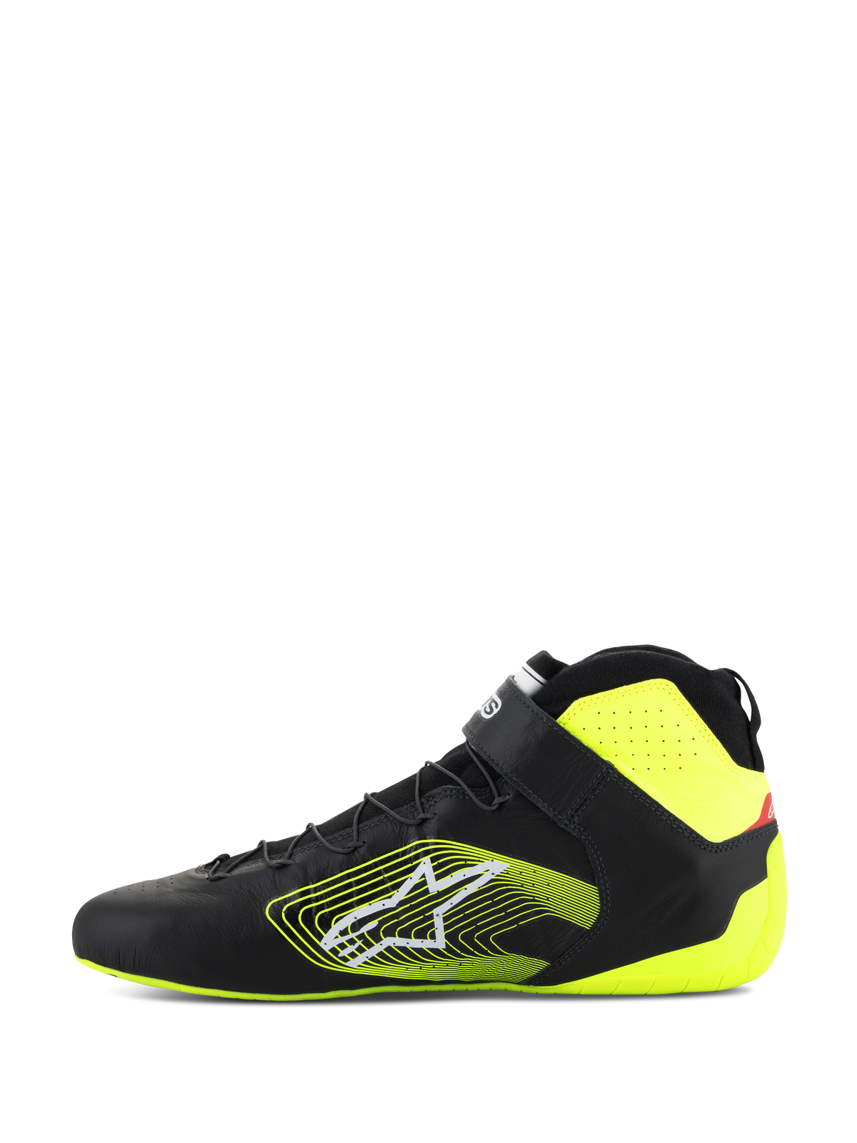Scarpe Alpinestars Tech-1 Z V3 FIA, scarpe auto, nero e giallo fluo, vista laterale, tomaia in pelle premium con allacciatura rapida e cinturino alla caviglia, logo grafico giallo sul lato, accenti giallo fluo su tallone e colletto