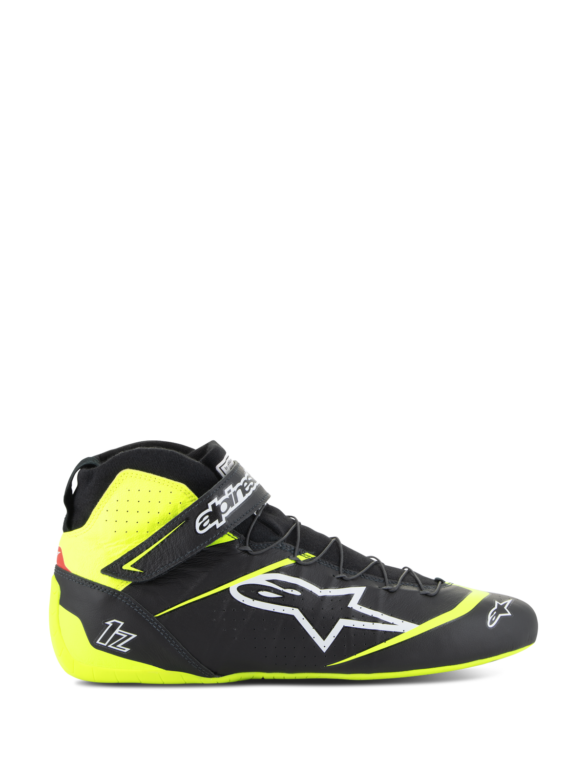 Alpinestars Tech-1 Z V3 Shoes FIA, scarpe da corsa, nero e giallo fluo, profilo laterale di calzatura motorsport alta, logo a stella bianco, design traforato per la traspirabilità, cinturino regolabile alla caviglia, suola sottile in gomma.