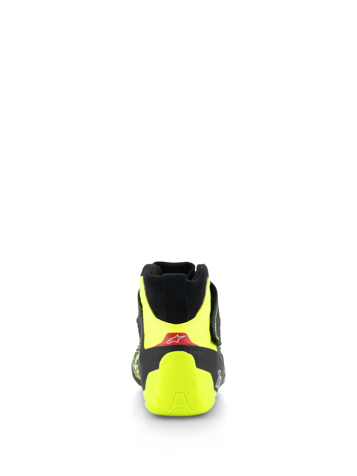 Scarpe Alpinestars Tech-1 Z V3 FIA, scarpe da corsa automobilistica, nero e giallo fluo, vista posteriore con contrafforte del tallone giallo fluorescente e dettaglio rosso con logo bianco, calzatura professionale per motorsport