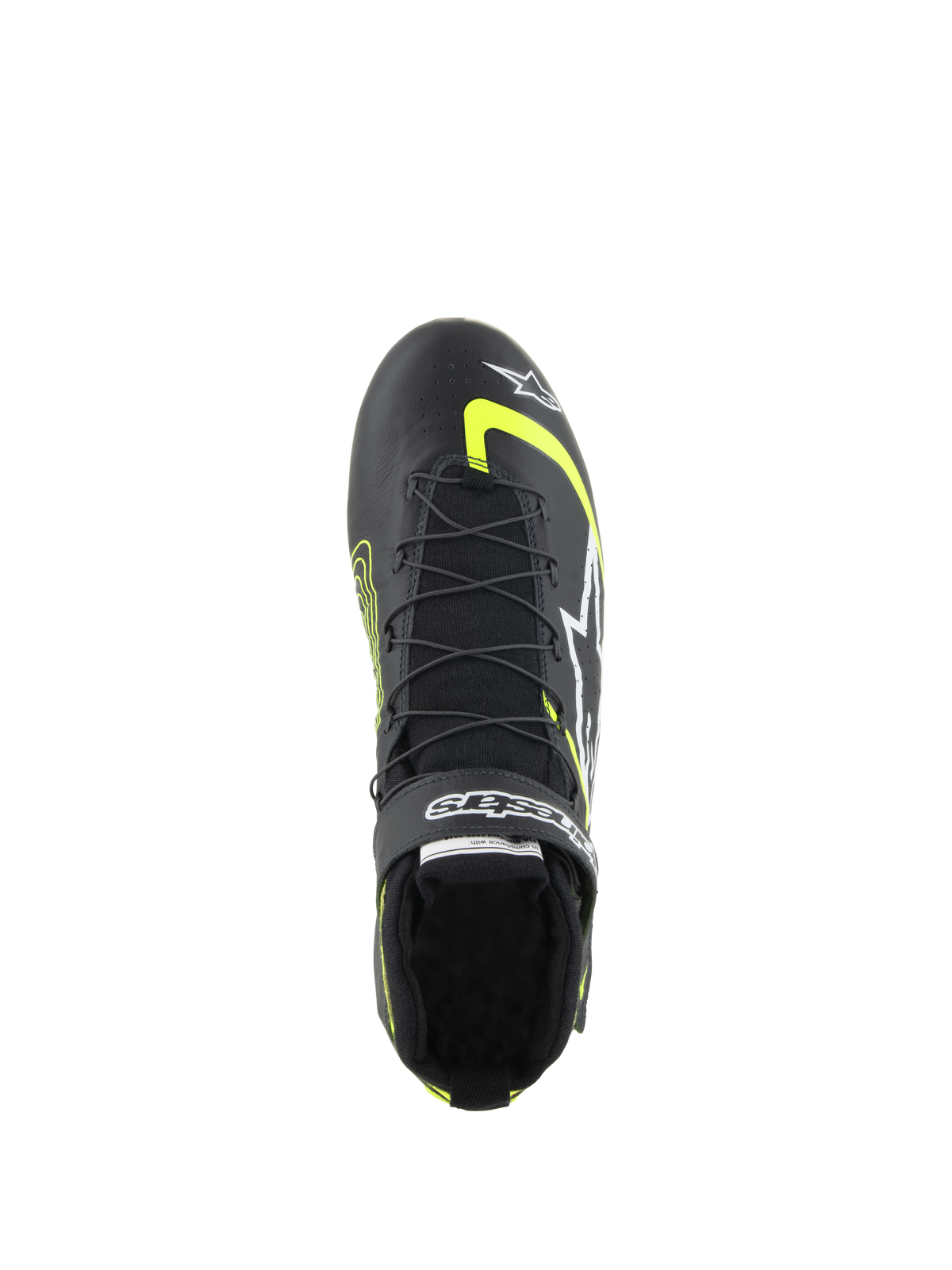Alpinestars Tech-1 Z V3 Shoes FIA, scarpe da corsa automobilistica, nero e giallo fluo, vista dall'alto che mostra il sistema di allacciatura rapida a doppia chiusura, cinturino in Velcro con marchio e struttura in pelle premium per il motorsport professionale.