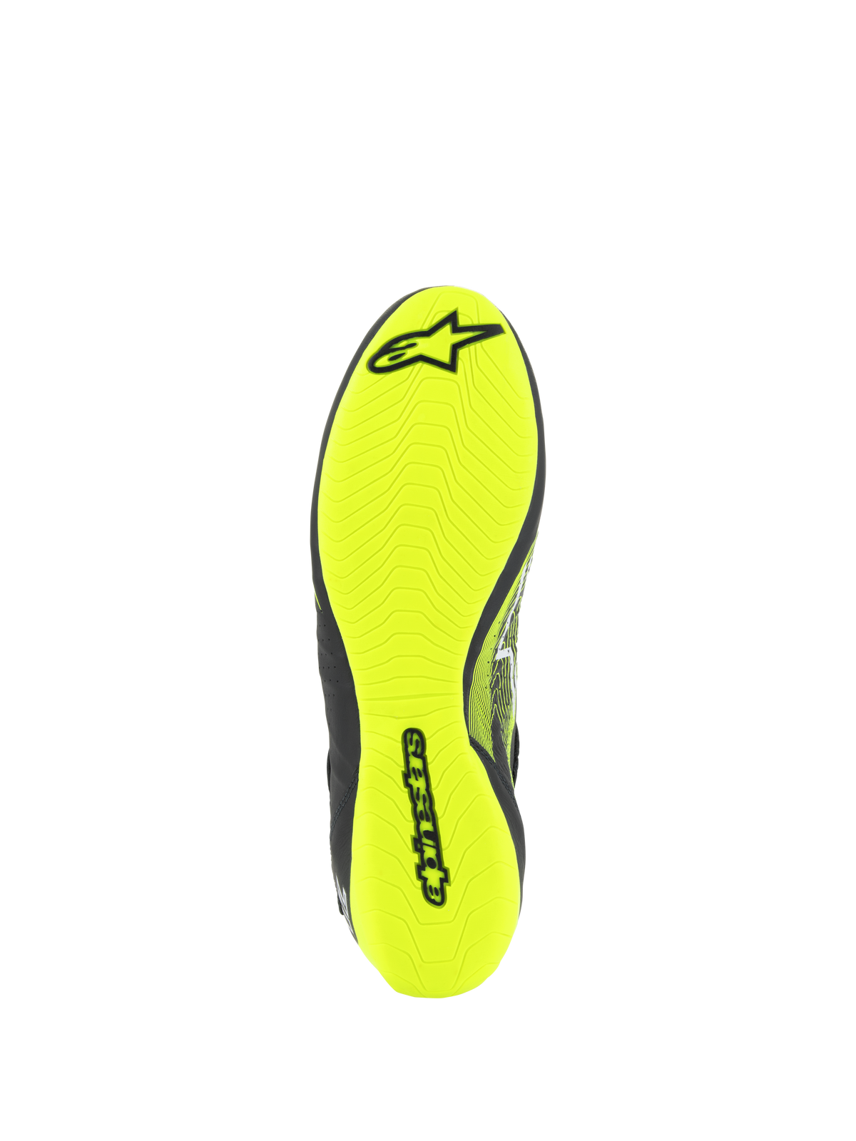 Alpinestars Tech-1 Z V3 Shoes FIA, scarpe da auto racing, vista della suola in giallo fluo, con disegno del battistrada asimmetrico e marchio Alpinestars nero, sottile suola in gomma per la massima sensibilità sui pedali e grip