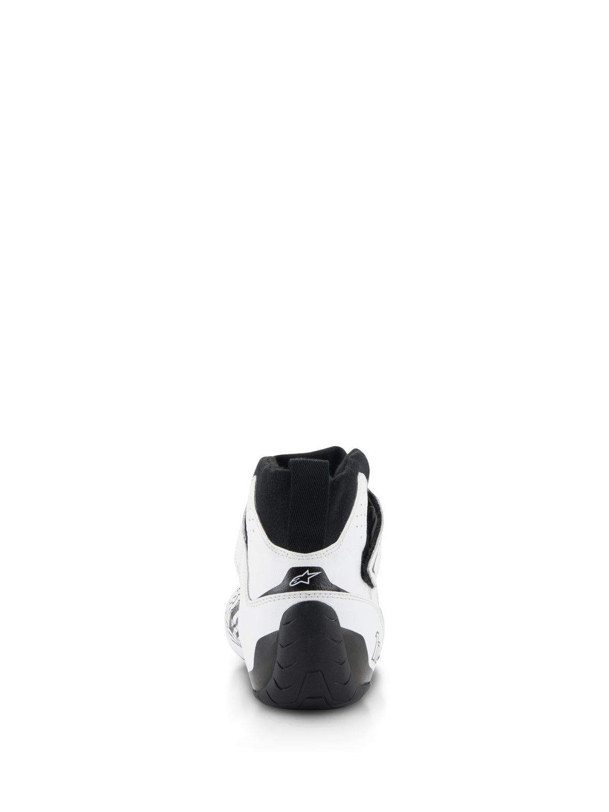 Scarpe Alpinestars Tech-1 Z V3 FIA, scarpe da auto racing, bianco e nero, vista posteriore con linguetta posteriore nera, suola in gomma testurizzata e tomaia in pelle bovina bianca con logo a stella Alpinestars