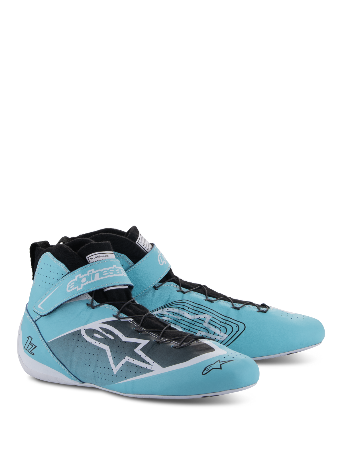 Scarpe Alpinestars Tech-1 Z V3 FIA, scarpe da corsa automobilistica, verde acqua chiaro bianco e nero, design a collo alto con cinturino in velcro sulla caviglia, branding Alpinestars in evidenza e dettagli in pelle traforata